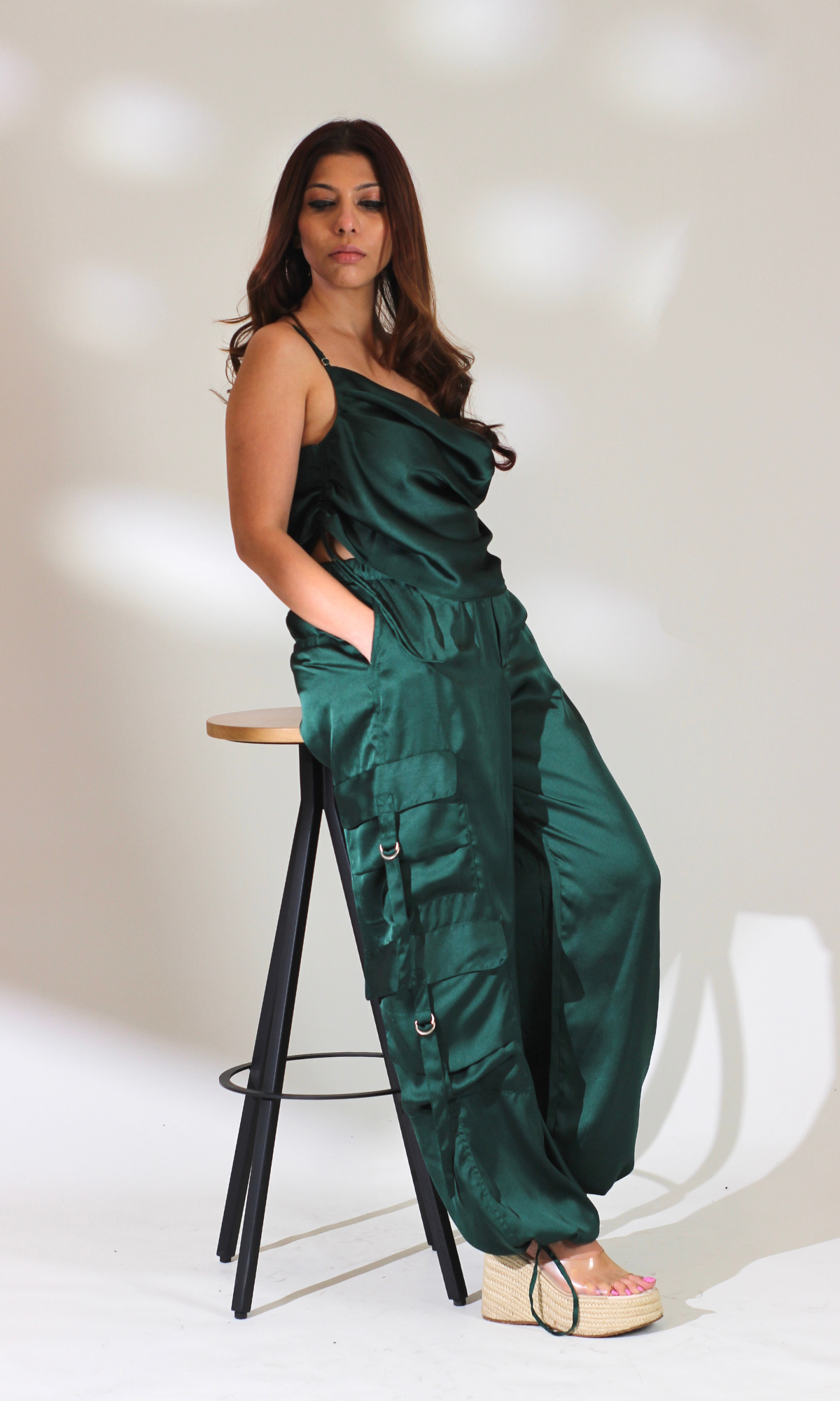 Deep Green Drawstring Top and Parachute Pants