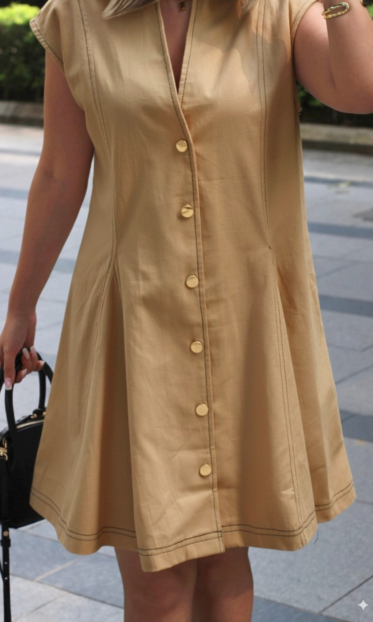 Tan Thread Detail Metallic Buttoned Dress