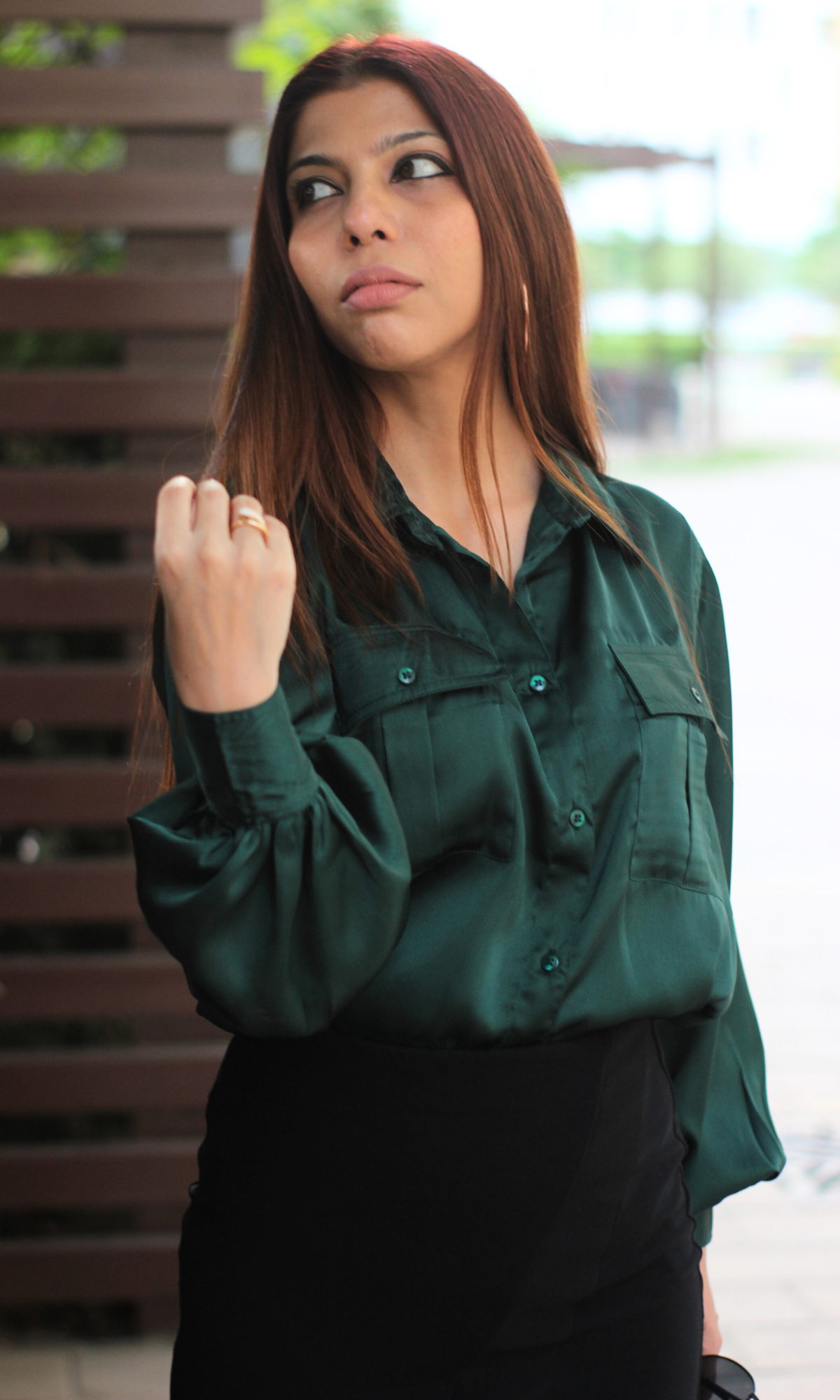 Deep Green Balloon Sleeved Satin Shirt