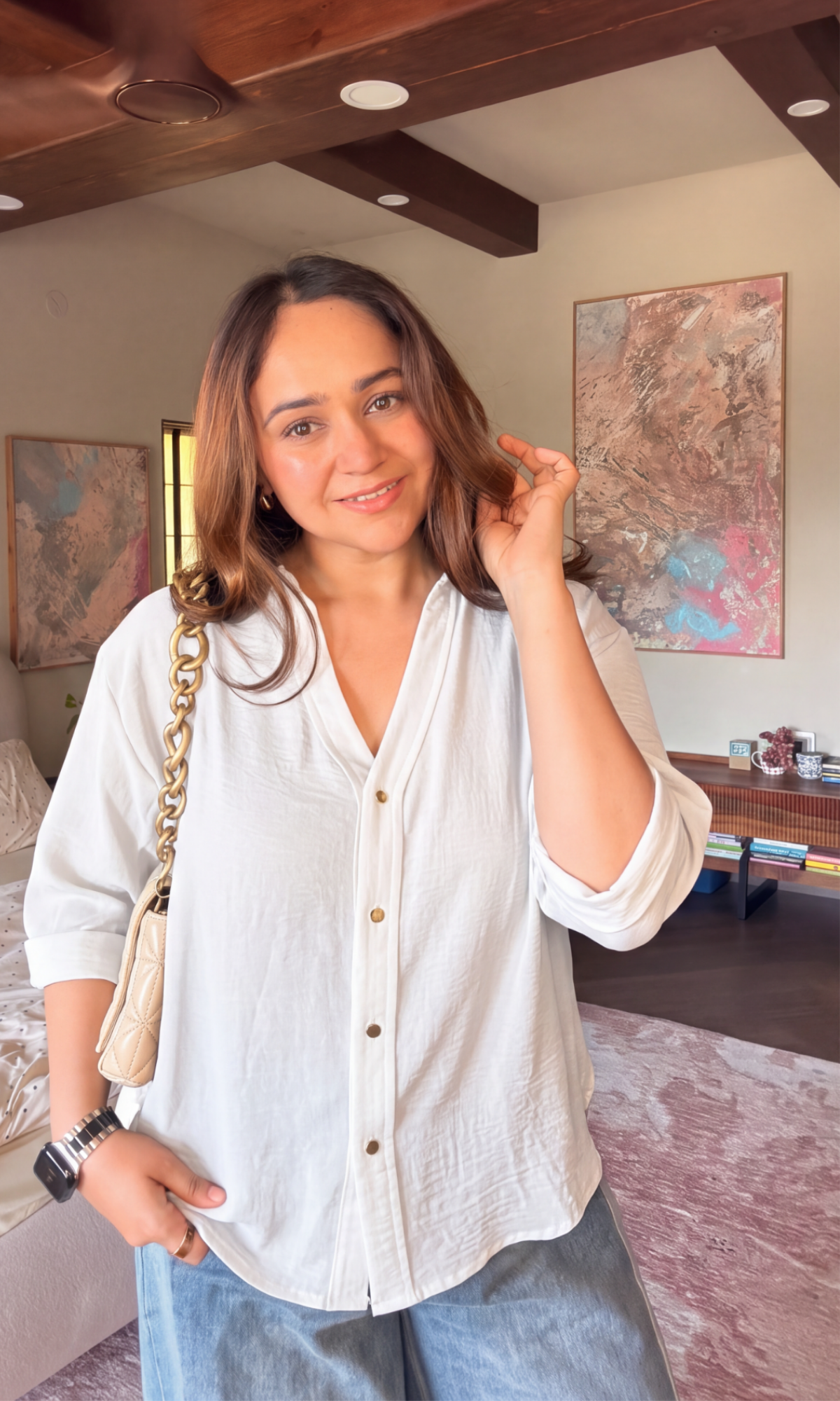 Cloud White Metallic-Button Boxy Shirt