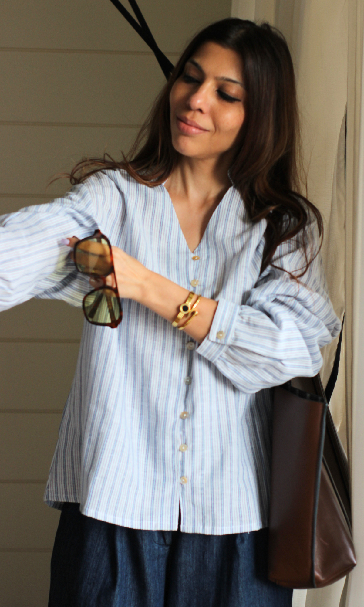 Blue Linear Buttoned Top
