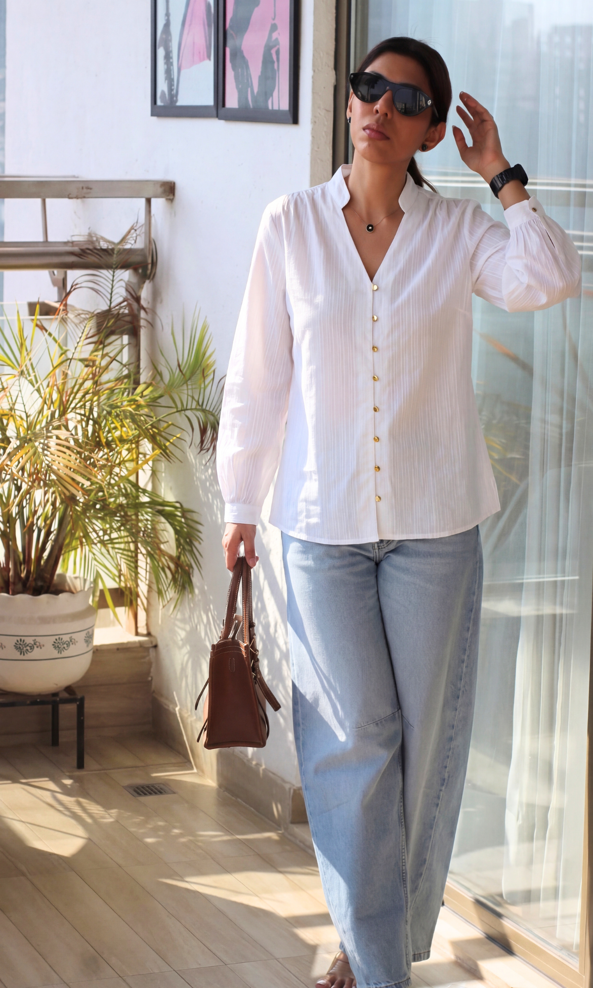White Weaved Buttoned Top
