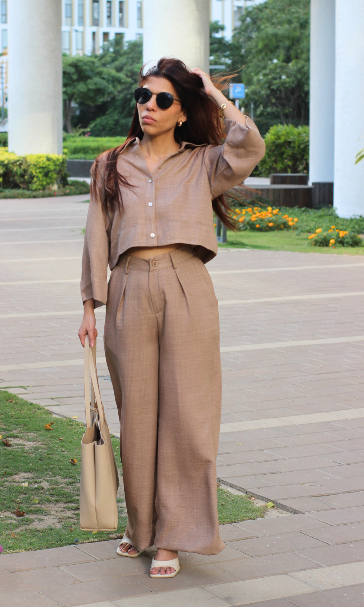 Sand Dune Cropped Shirt with Loose Pants Co-ord