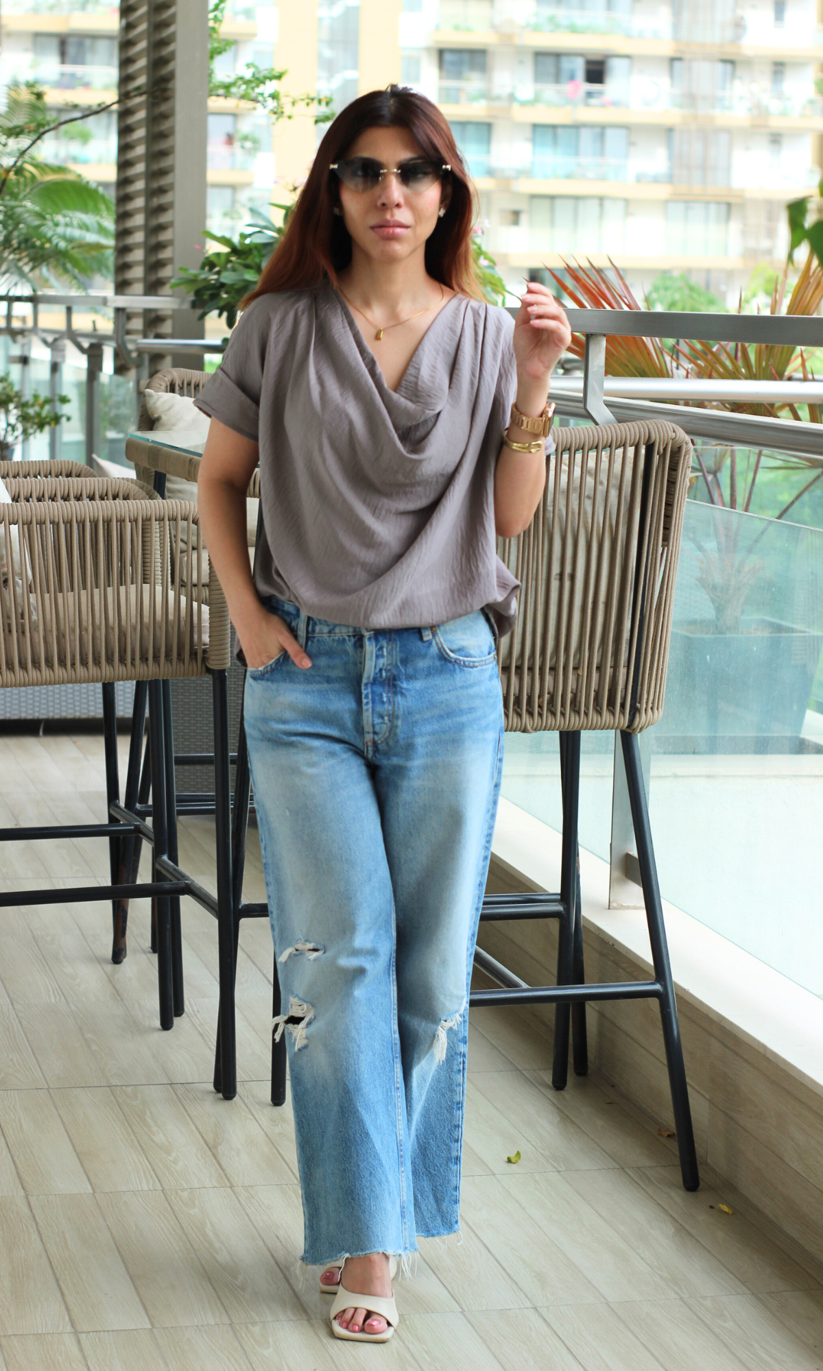 Stone Taupe Cowl Neck Top