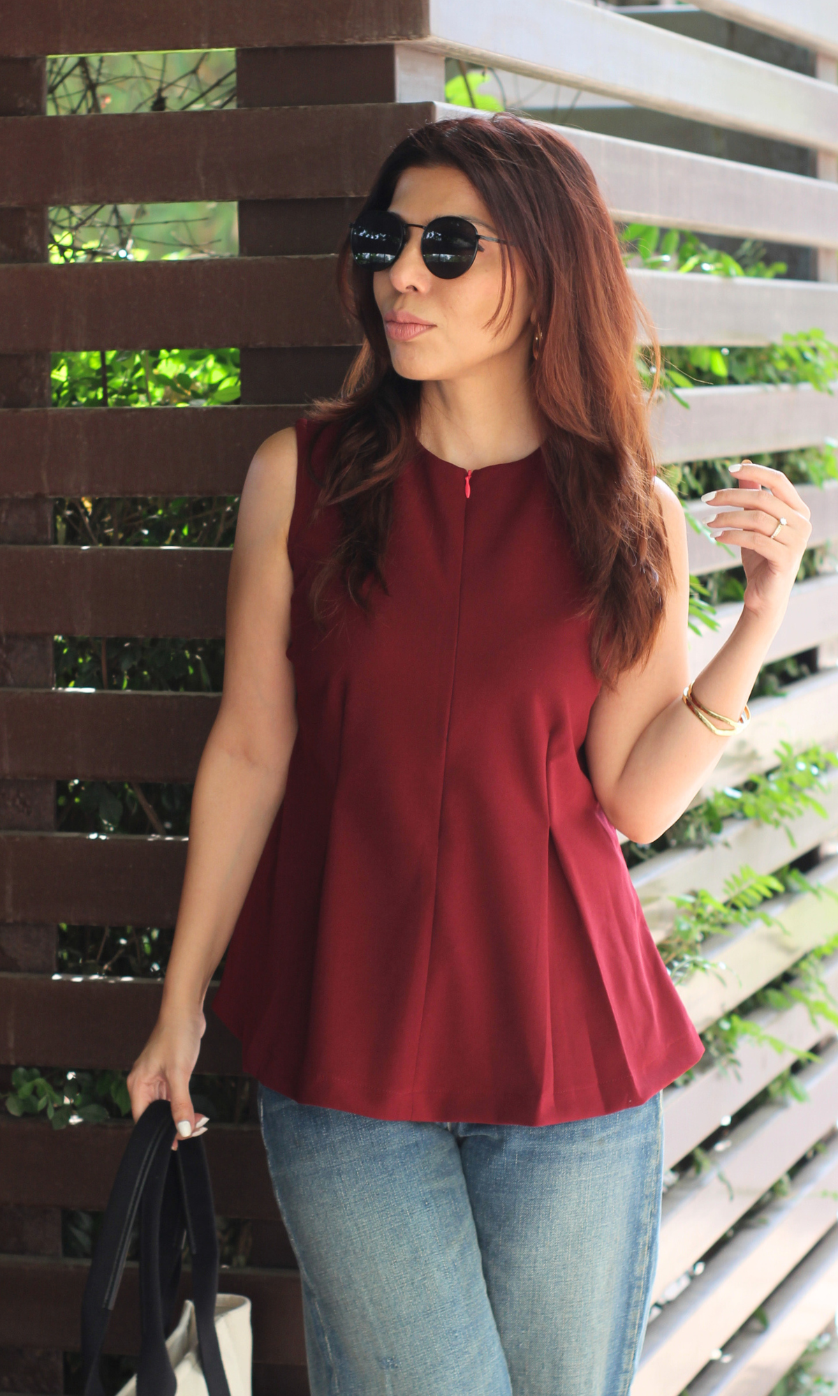 Wine Sleek-Pleat Detail Top