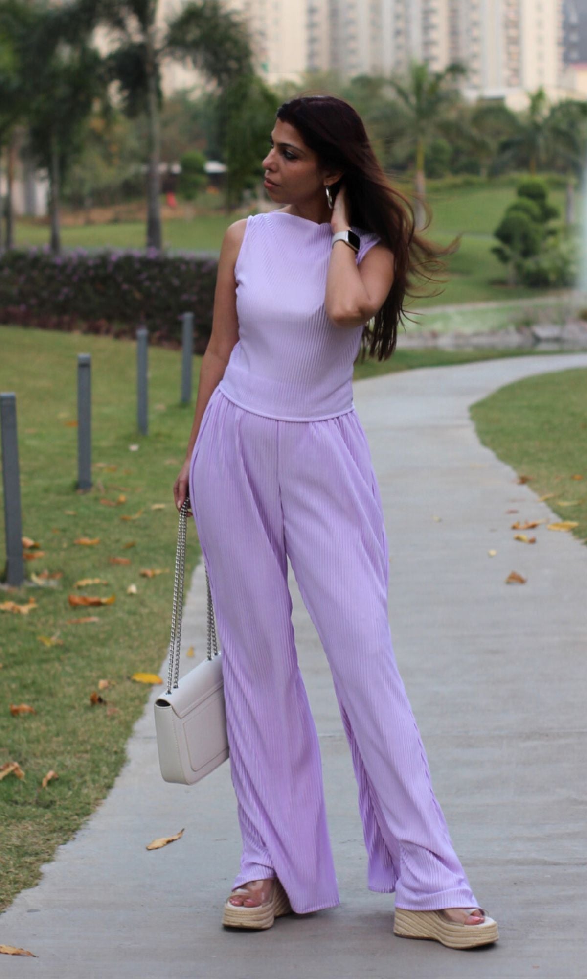Light Purple Abstract Neck Top with Flared Pants