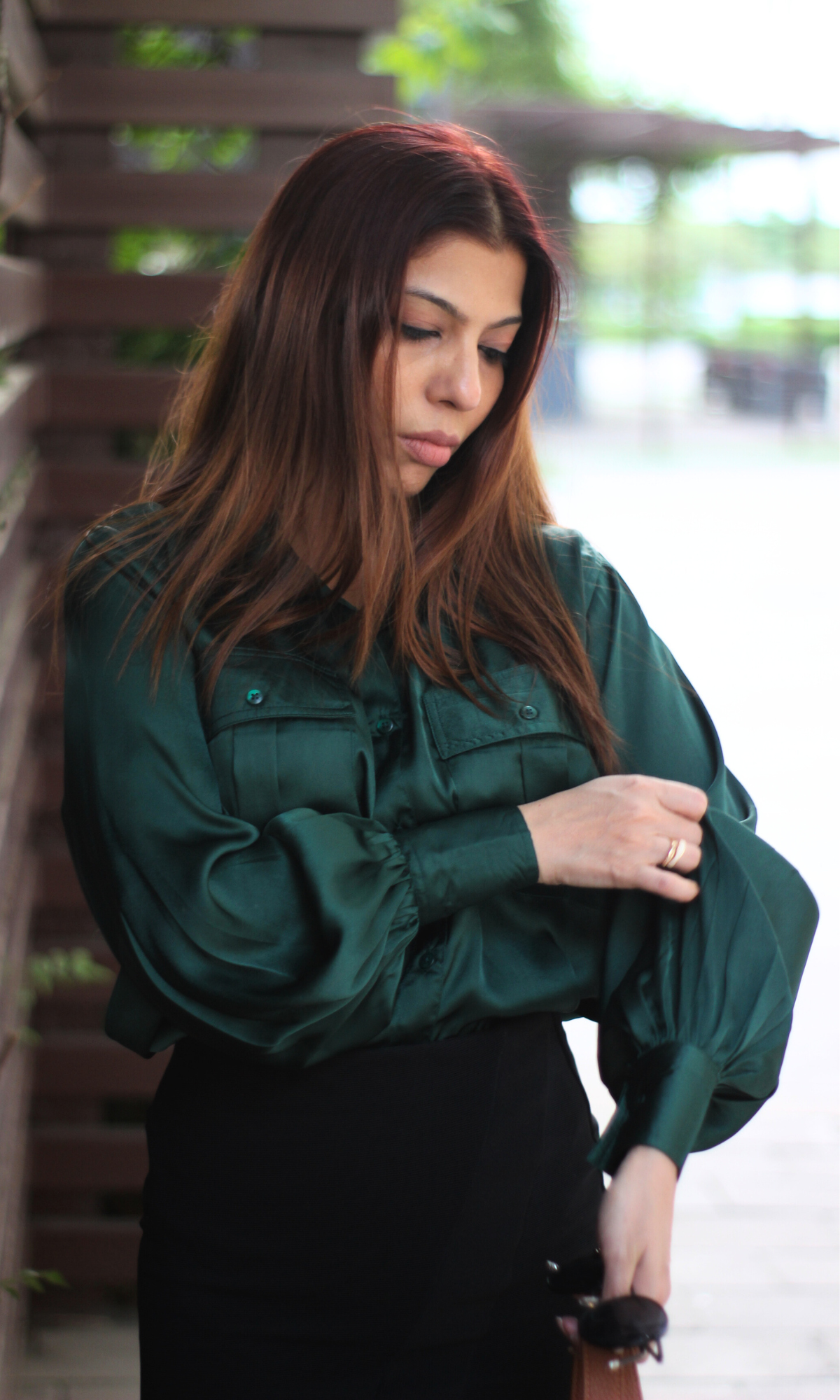 Deep Green Balloon Sleeved Satin Shirt