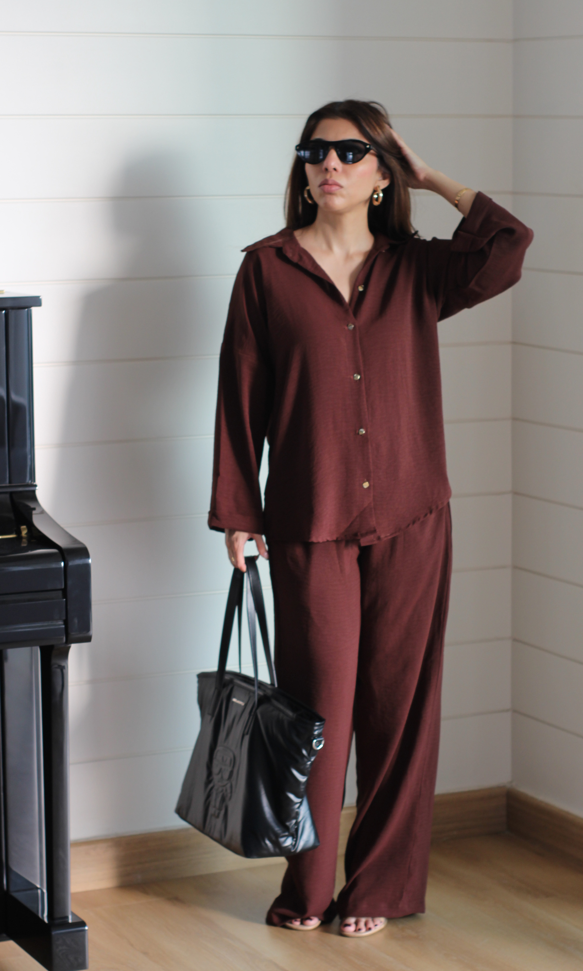 Chocolate Metallic Buttoned Shirt and Pants Co-ord