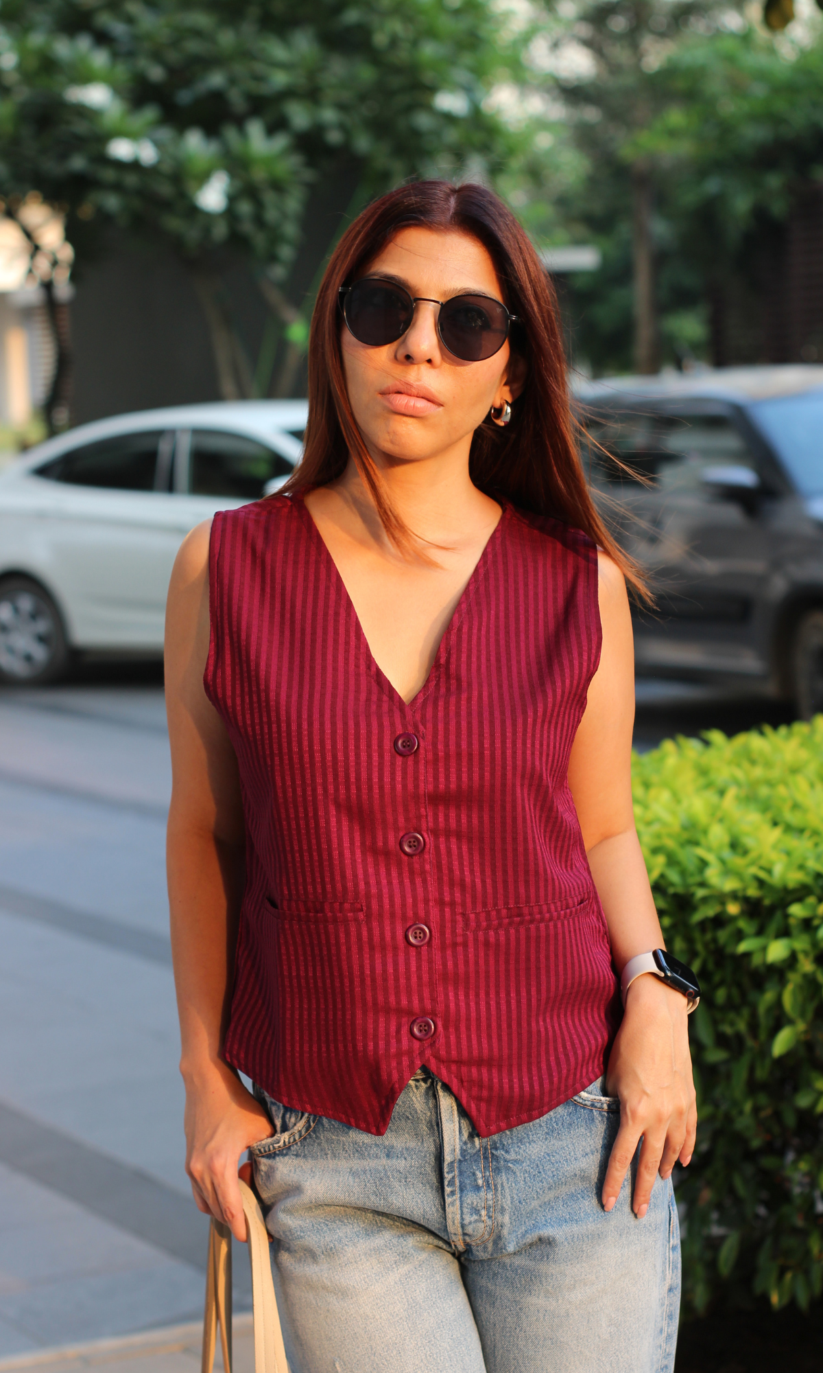 Cherry Wine Striped Waist Coat