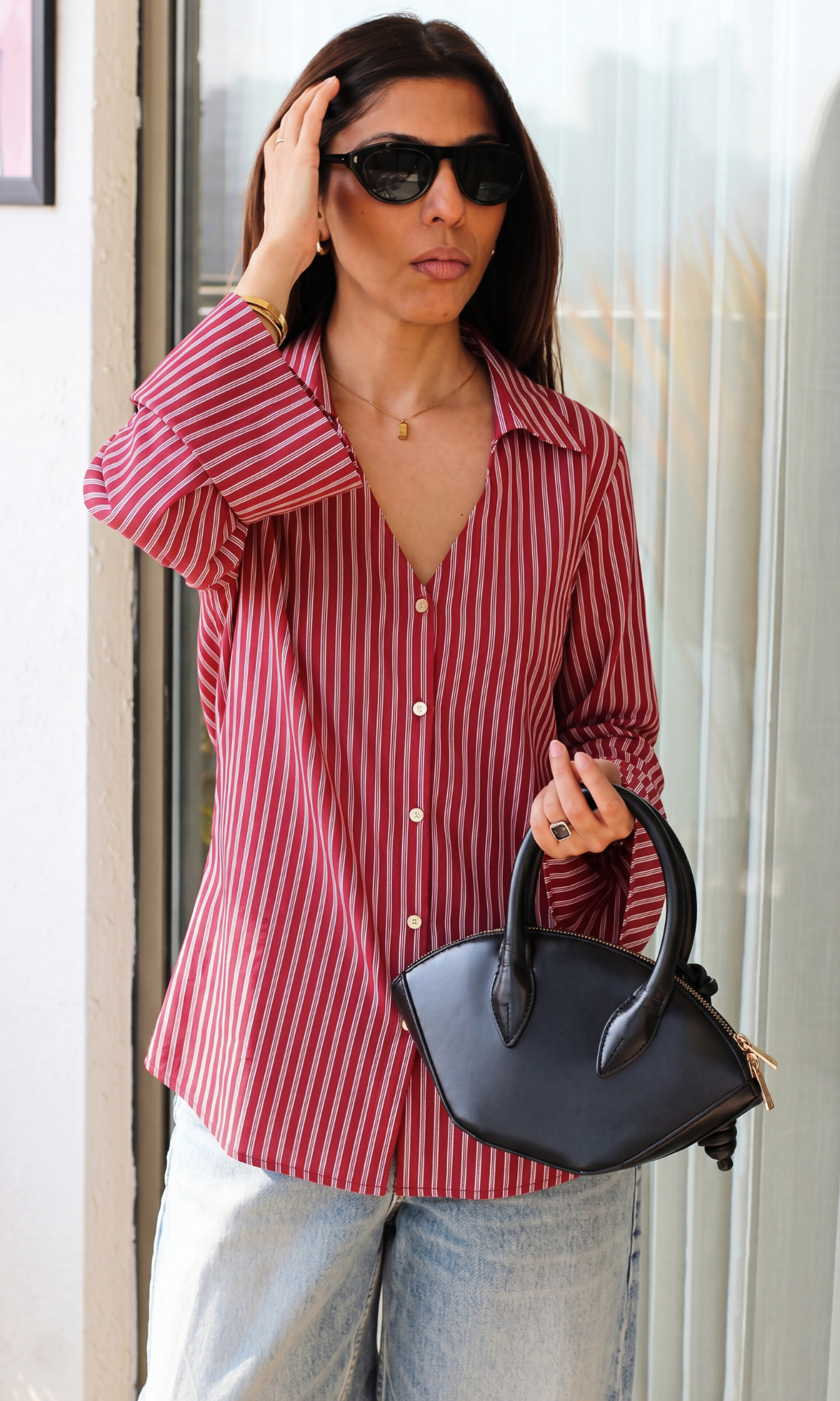 Raspberry Red Striped Crinkled Flared Sleeve Shirt