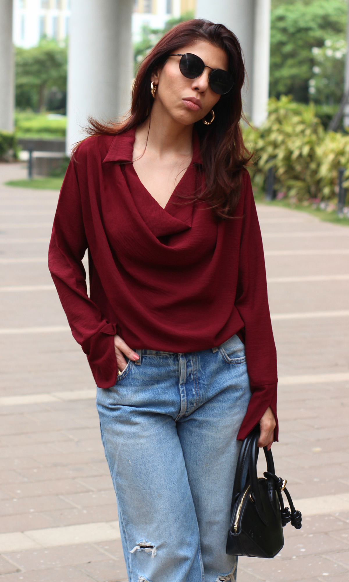 Dark Wine Collared Cowl Neck Top