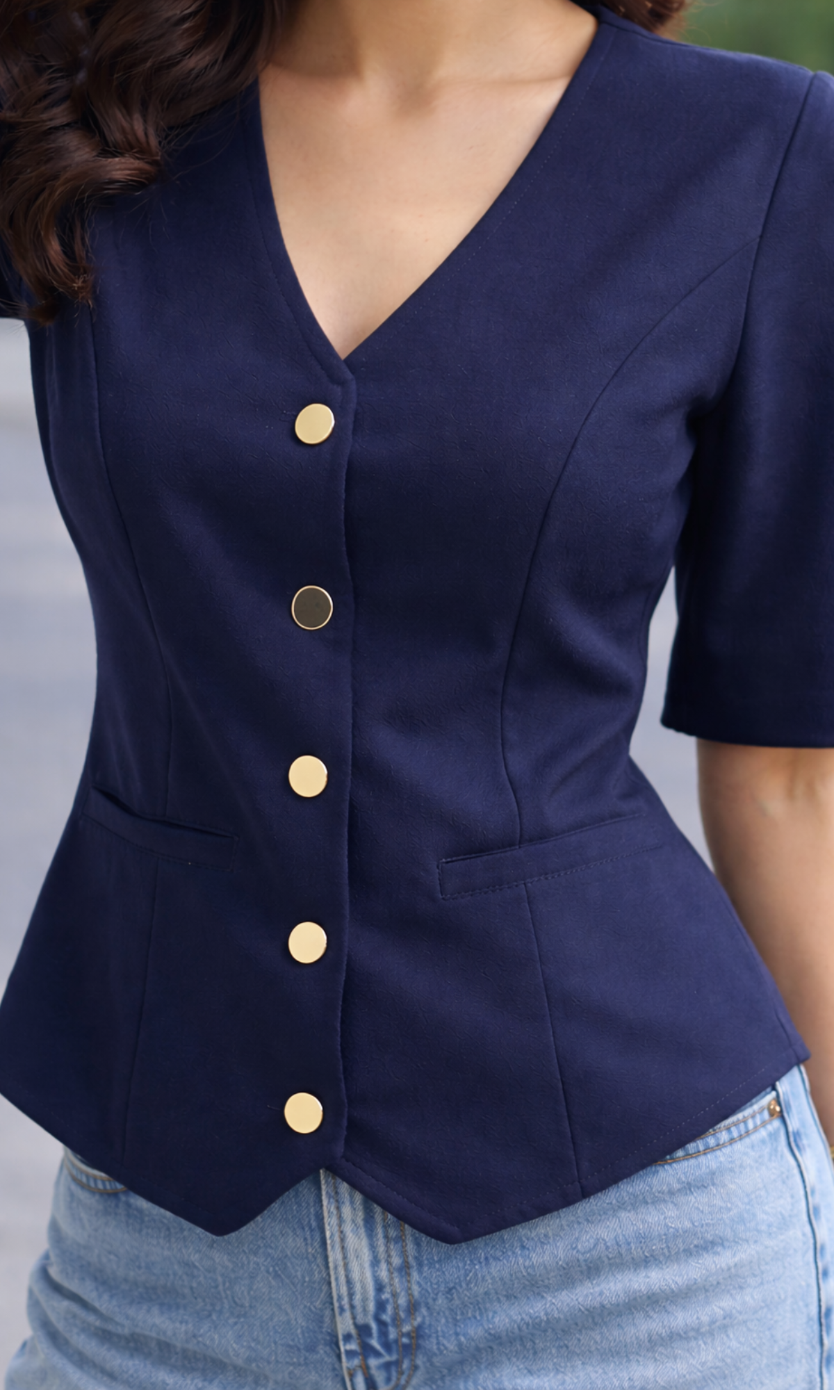 Deep Blue Sleeved Metallic Buttoned Waist Coat