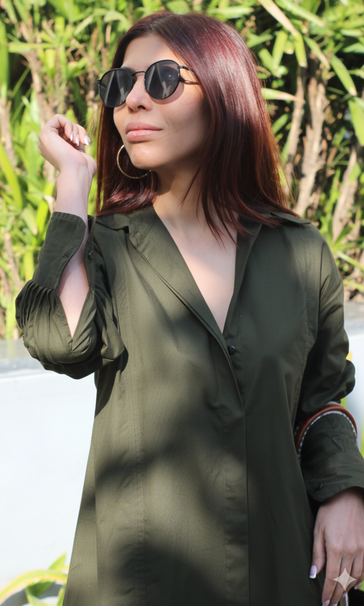 Pleated Detailed Dark Olive Poplin Dress