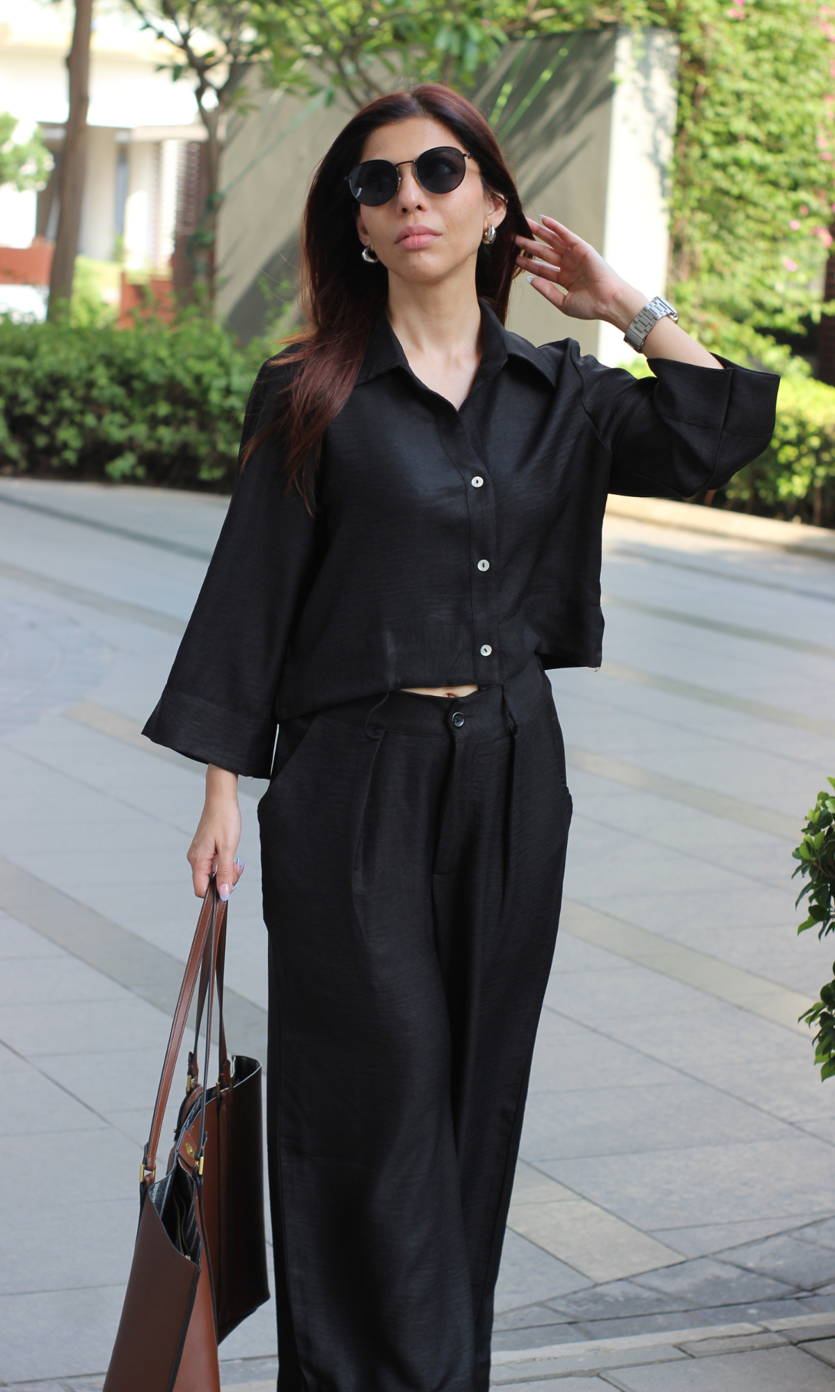Shadow Black Cropped Shirt with Loose Pants Co-ord