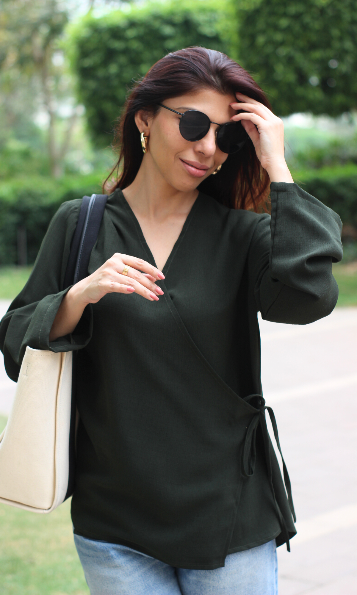 Dark Olive Textured Tie Detail Kimono Top
