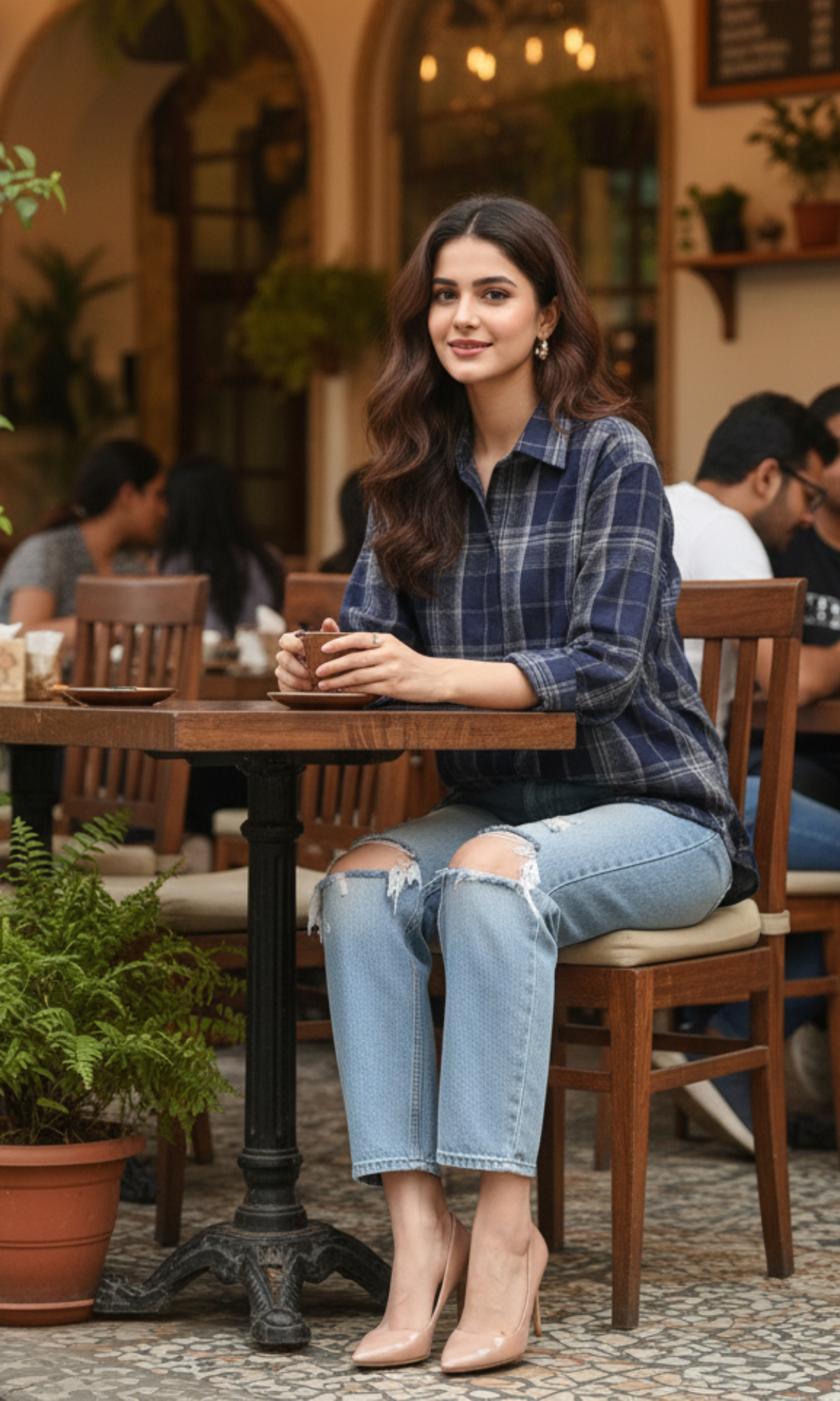 Women’s navy classic plaid-checked shirt in soft cotton with relaxed drop-shoulder fit, button-down front and graphic oversized check design.