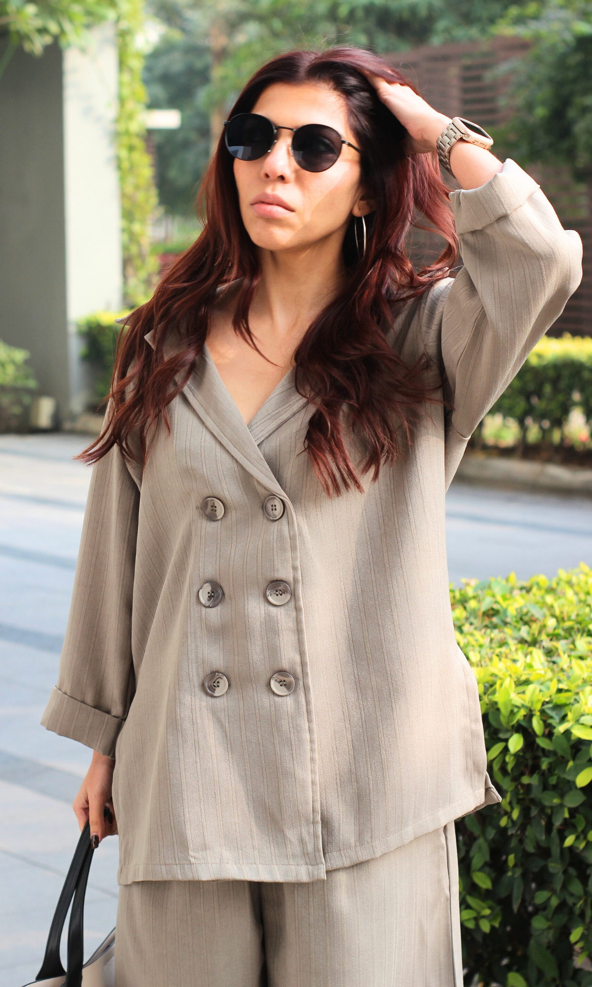 Light Olive Striped Blazer Top with Slit Pants Co-ord