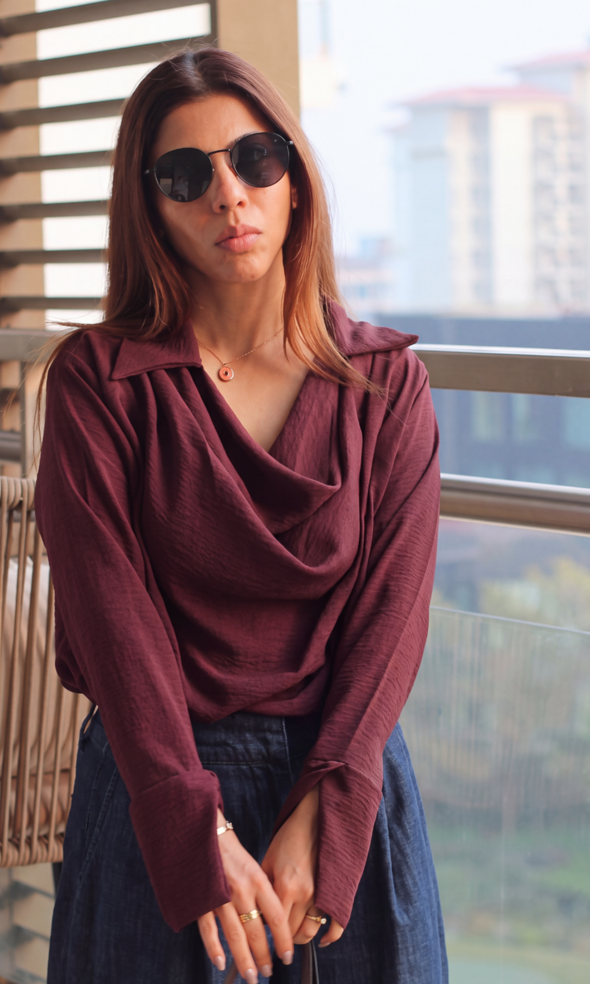 Rust Collared Cowl-Neck Top