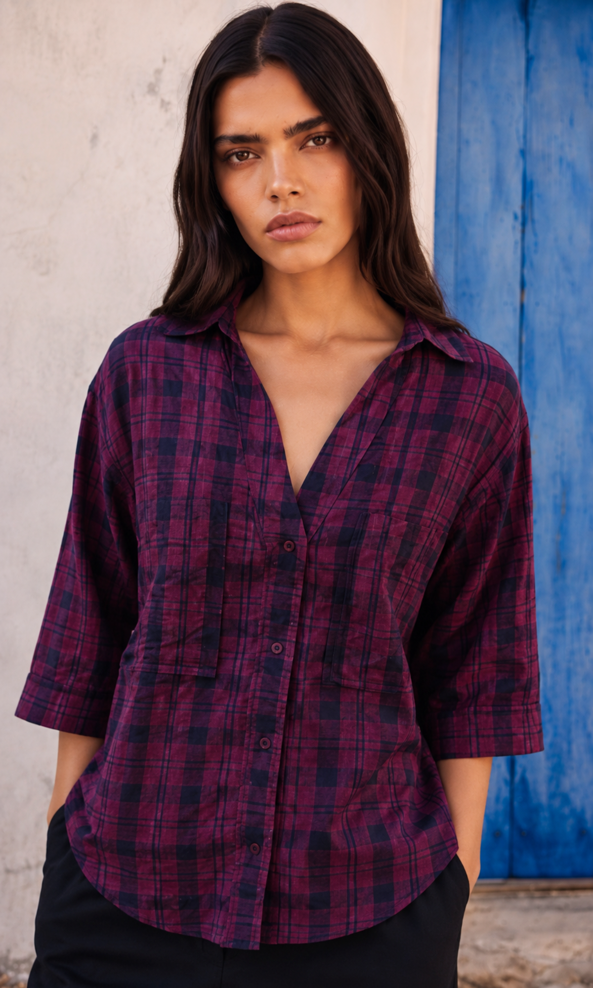 90s Red Black Plaid Loose Shirt