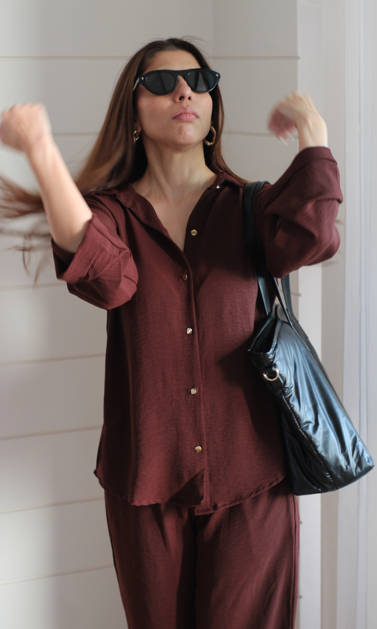 Chocolate Metallic Buttoned Shirt and Pants Co-ord