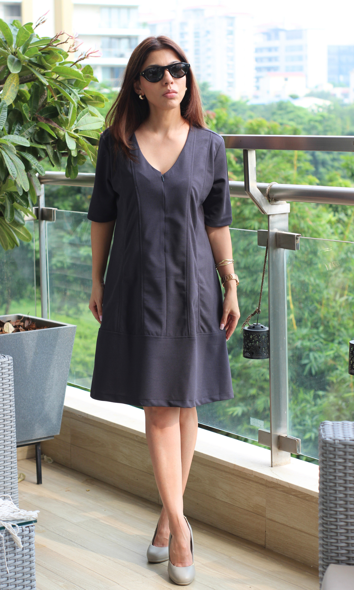 Steel Blue Zip Detail Flared Dress