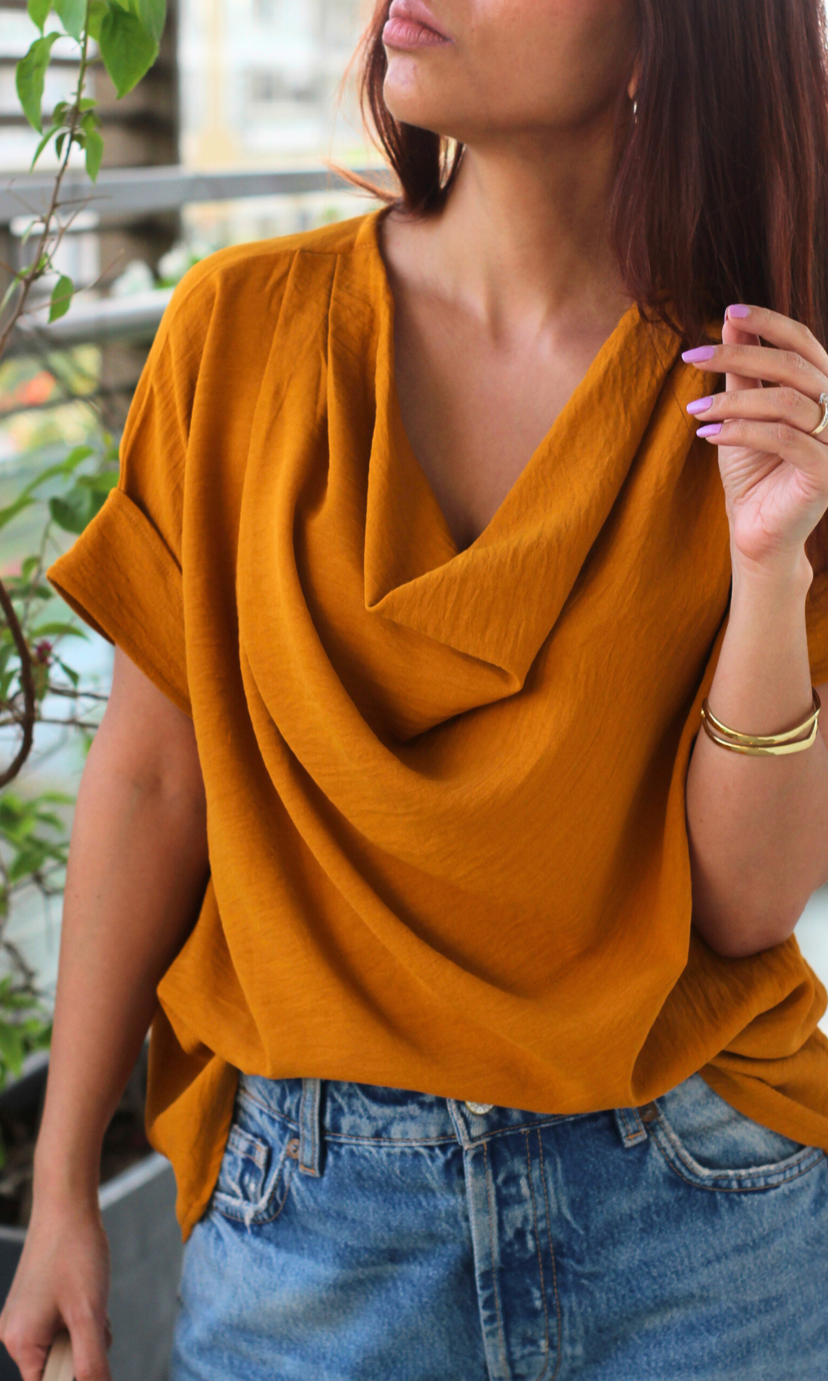 Tangerine Flowing Cowl Neck Top