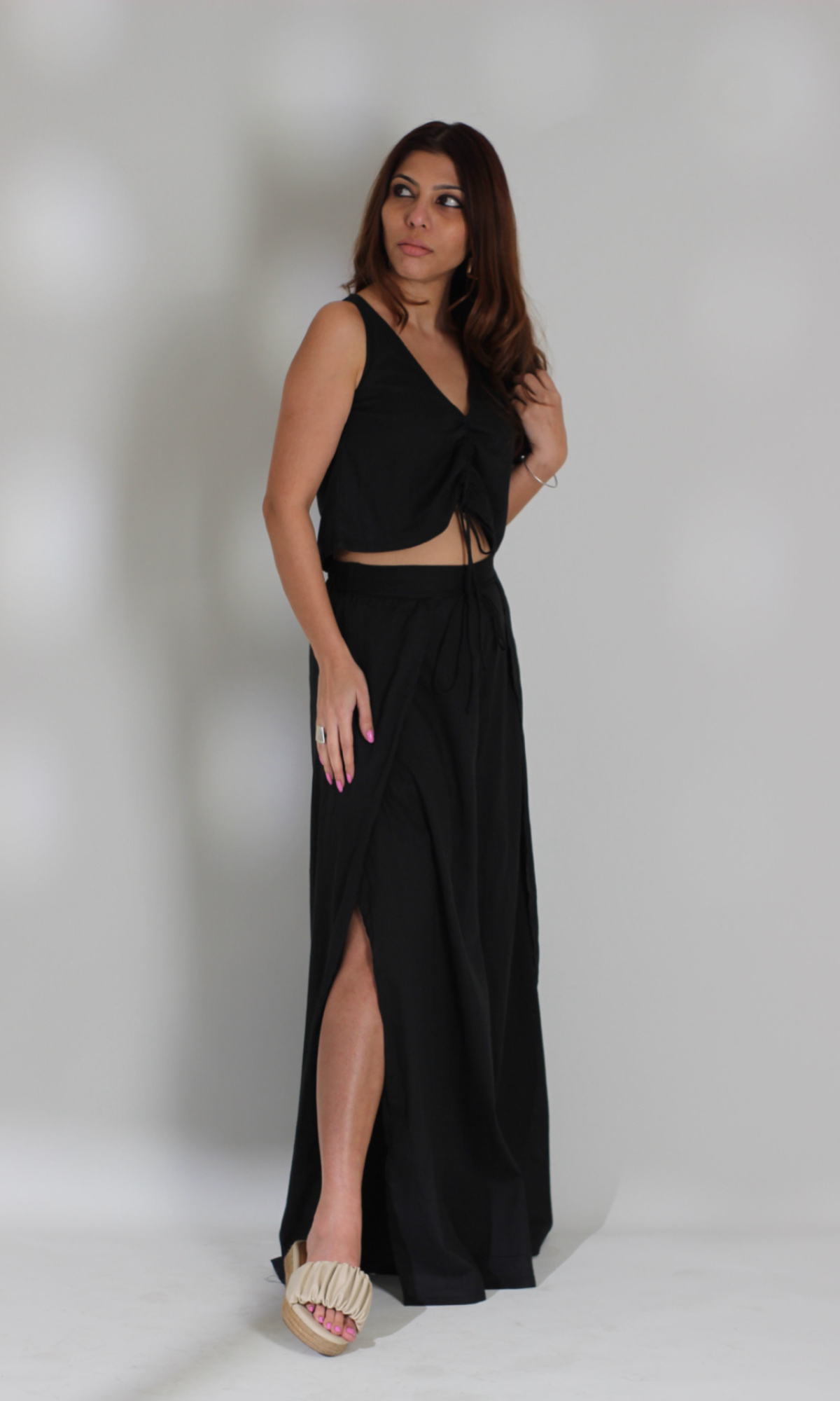 Smoked Black Drawstring Top and Slit Pants