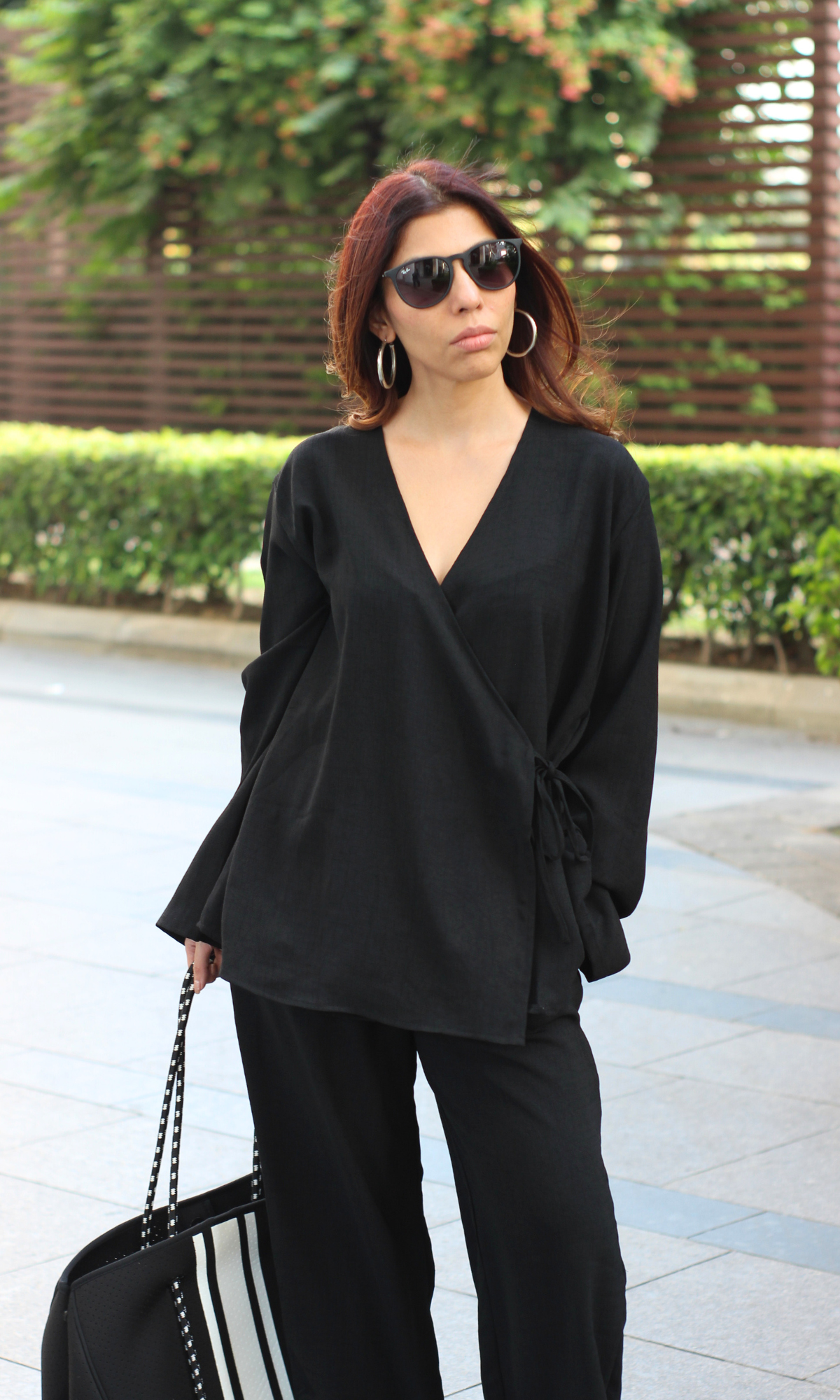 Black Textured Tie Detail Kimono Top with Pants Co-ord