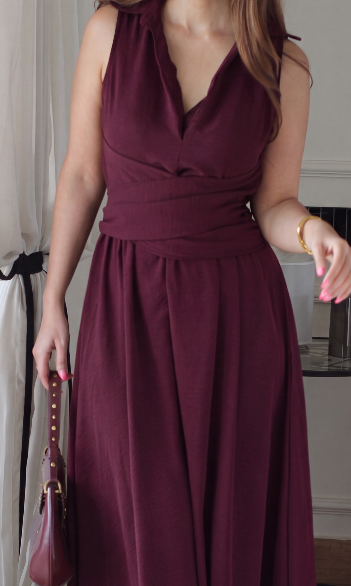 Wine Wrap Handkerchief Hem Midi Dress