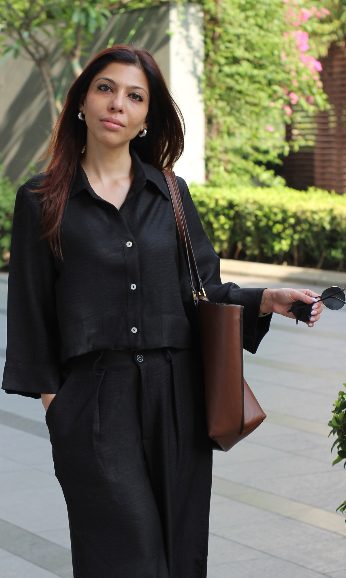 Shadow Black Cropped Shirt with Loose Pants Co-ord