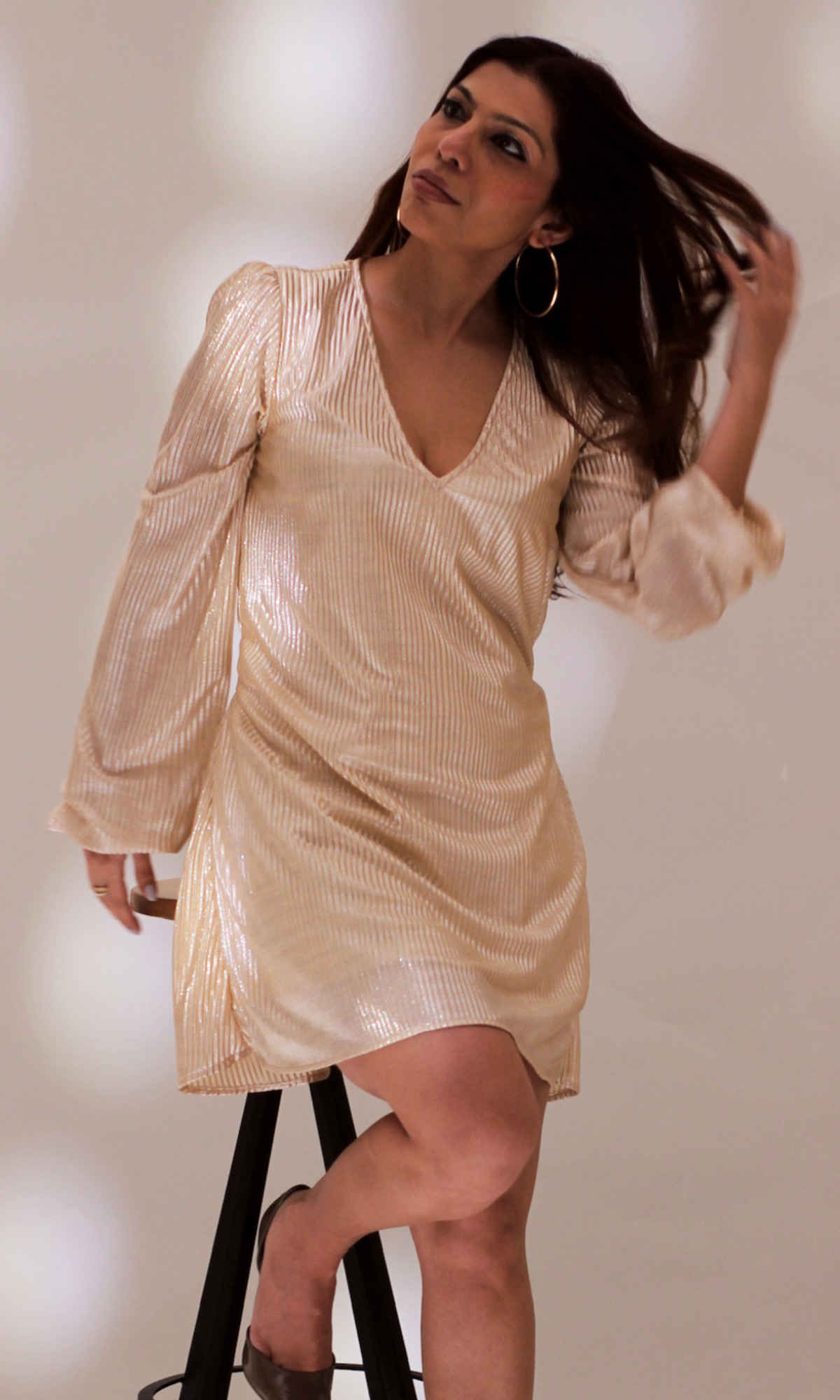 Nude Beige Pleated Shimmer Dress with Belt