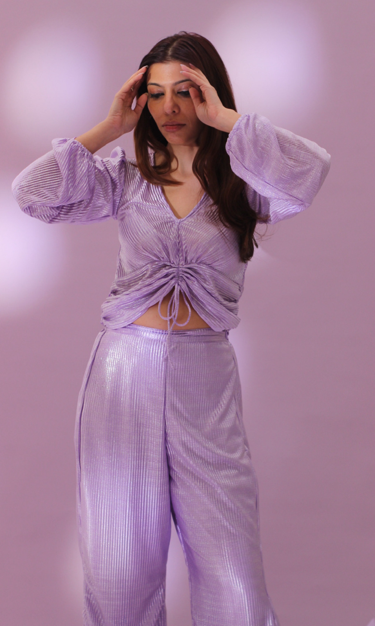 Lavender Pleated Shimmer Sleeved Top and Flared Pants