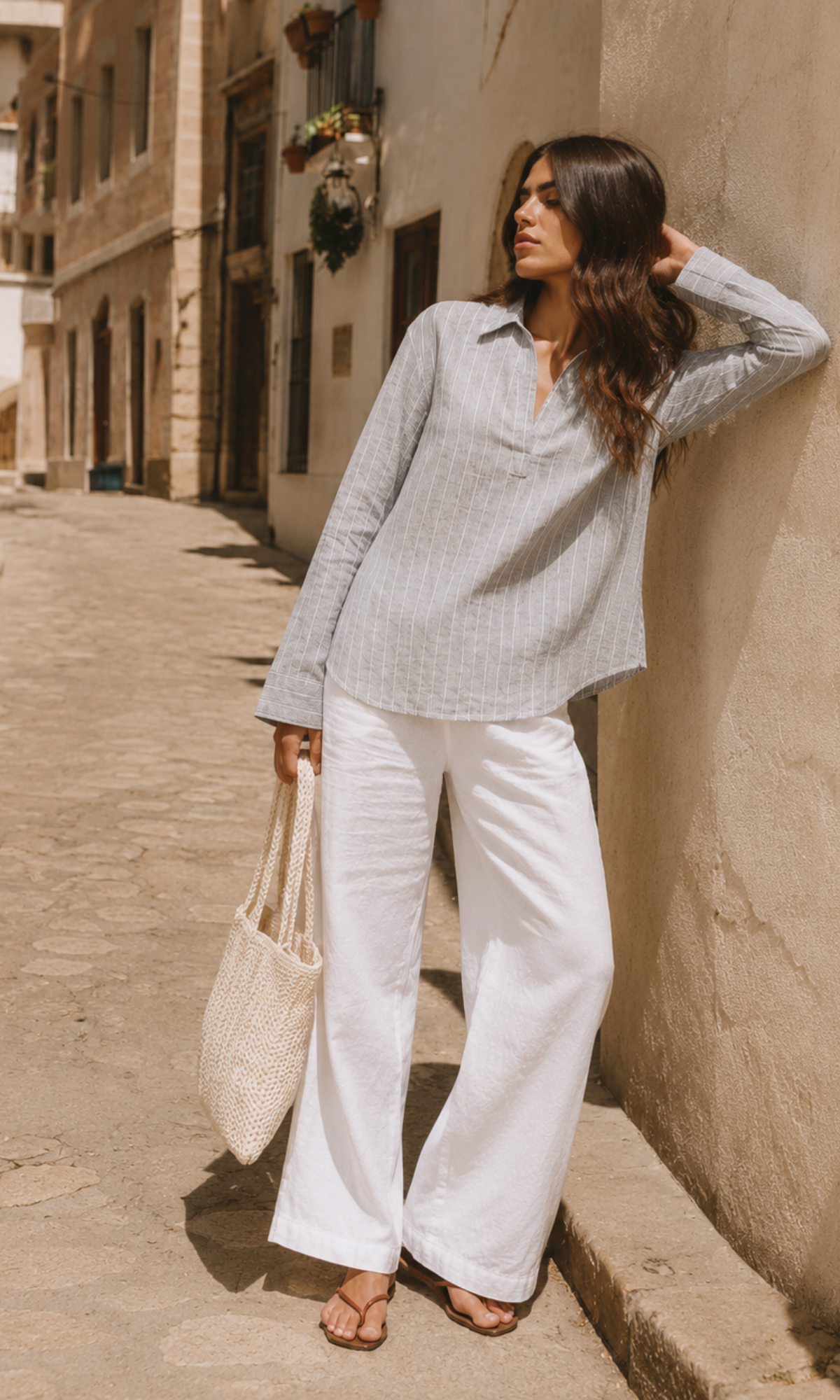 Taupe Stripe Popover Top