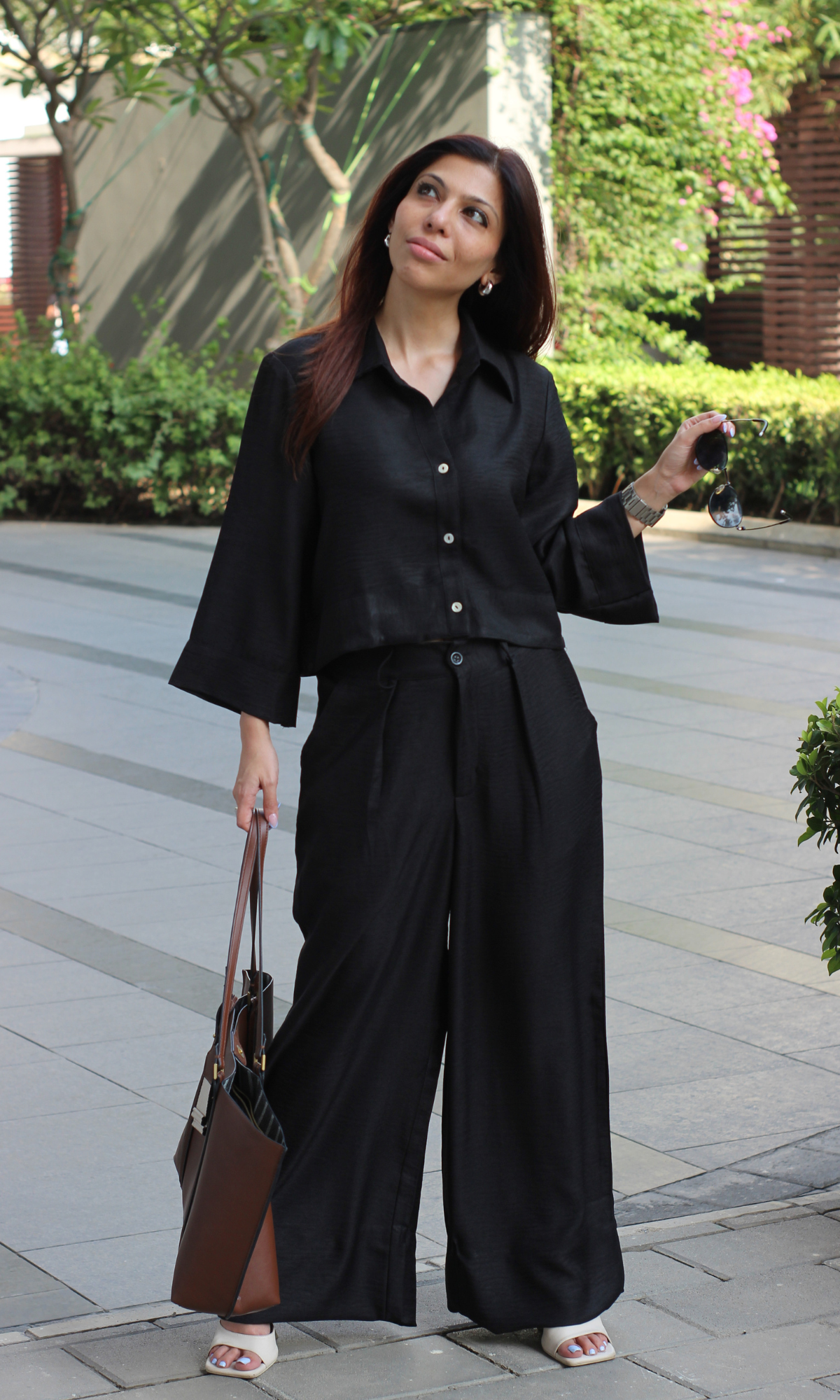 Shadow Black Cropped Shirt with Loose Pants Co-ord