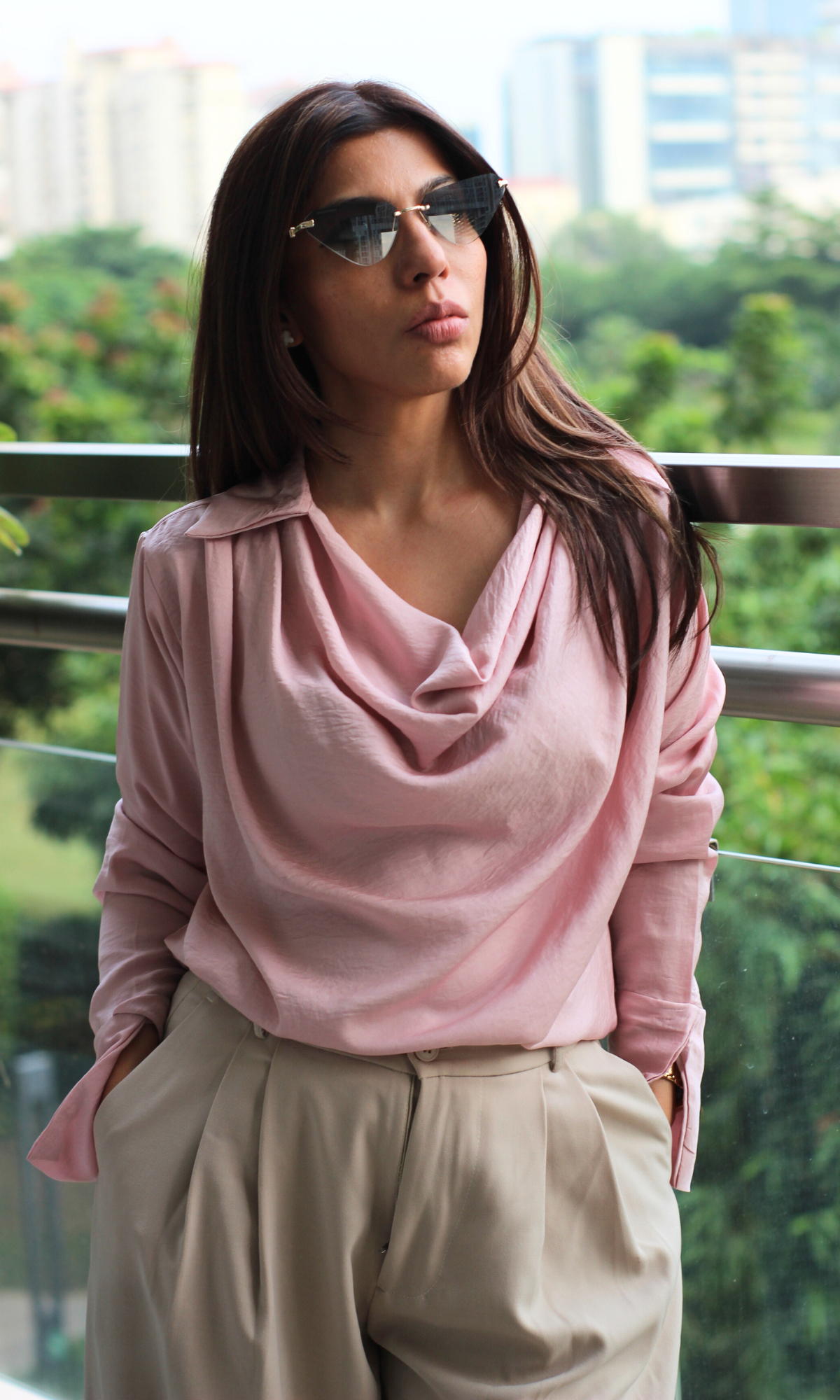 Rose Mist Collared Cowl Neck Top
