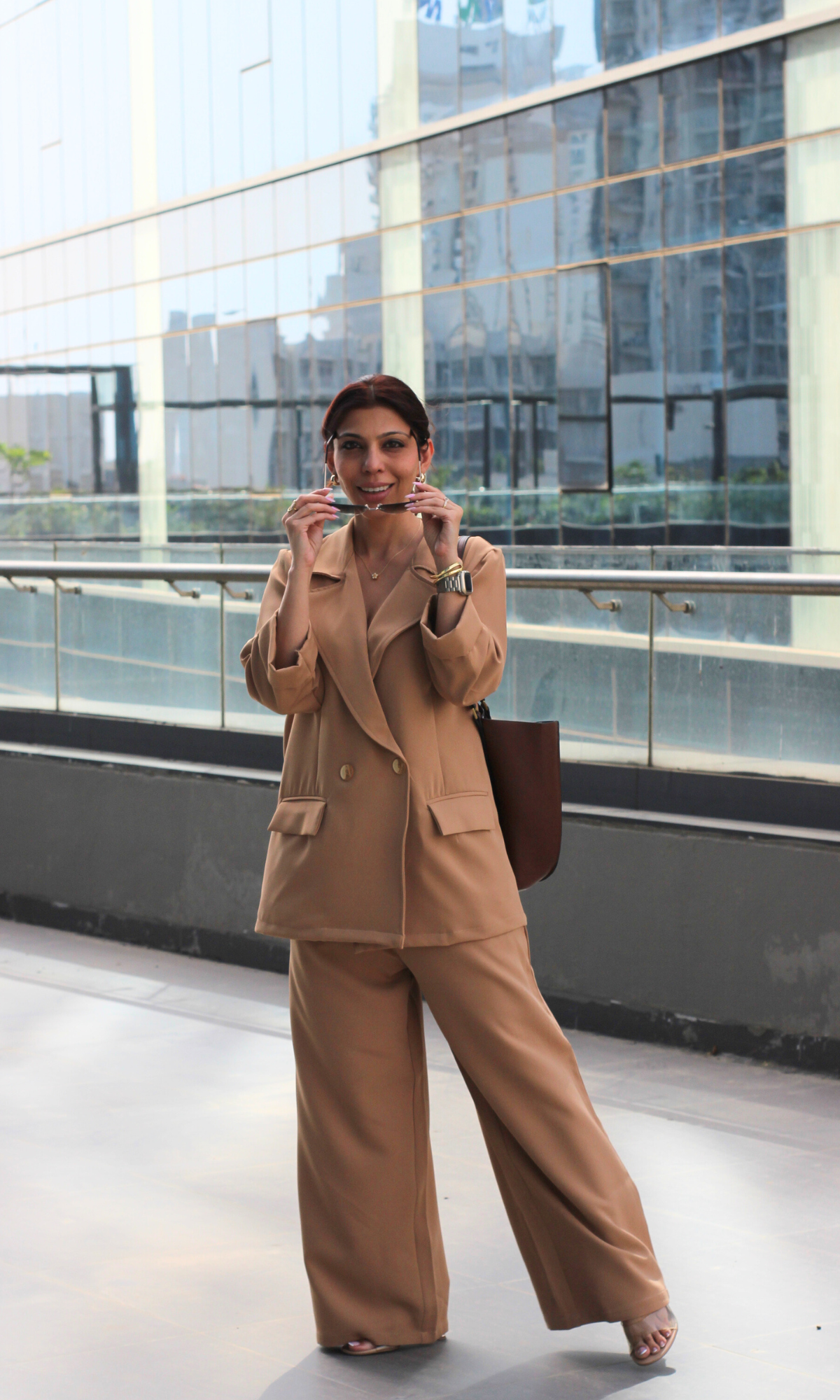 Camel Beige Solid Blazer with Straight Pants Co-ord