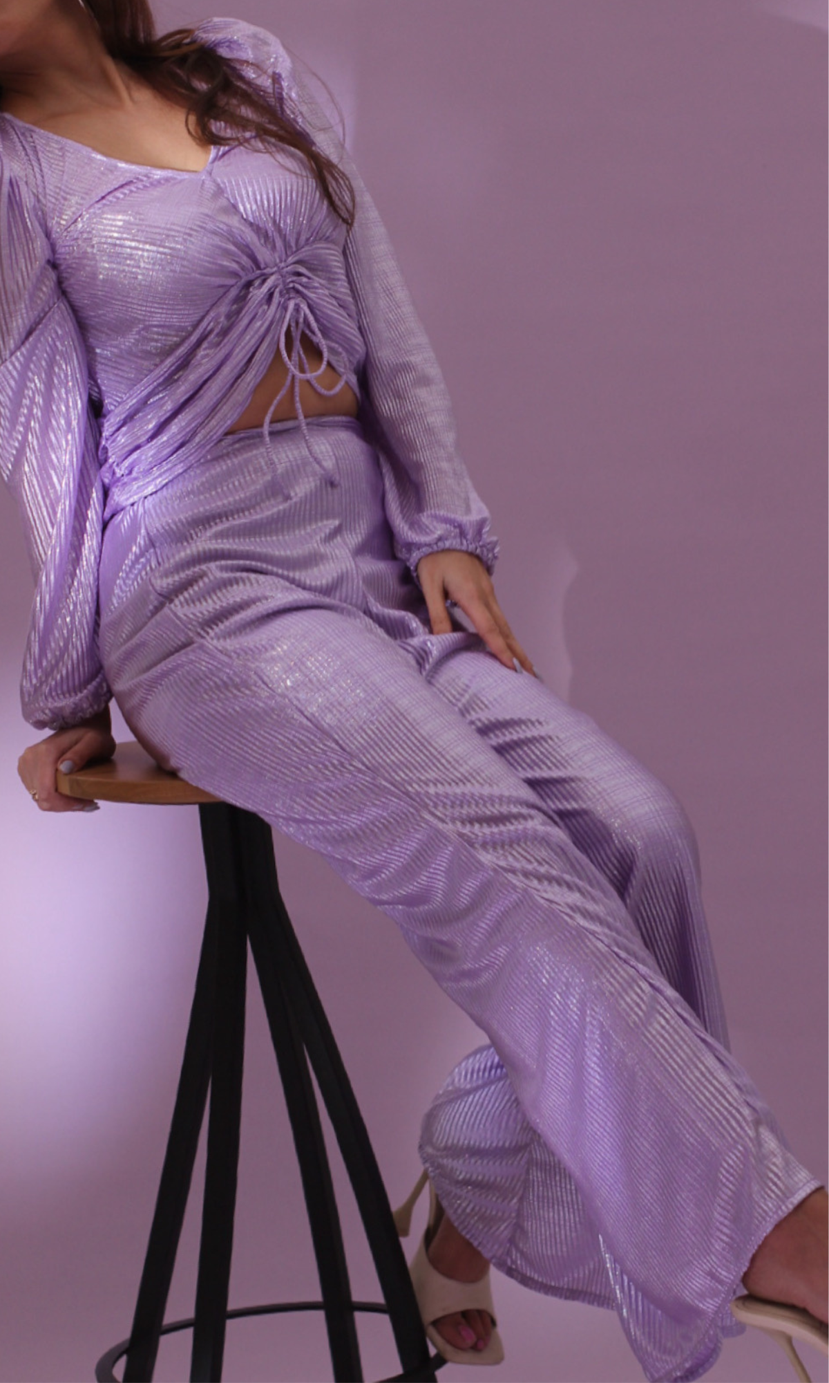 Lavender Pleated Shimmer Sleeved Top and Flared Pants