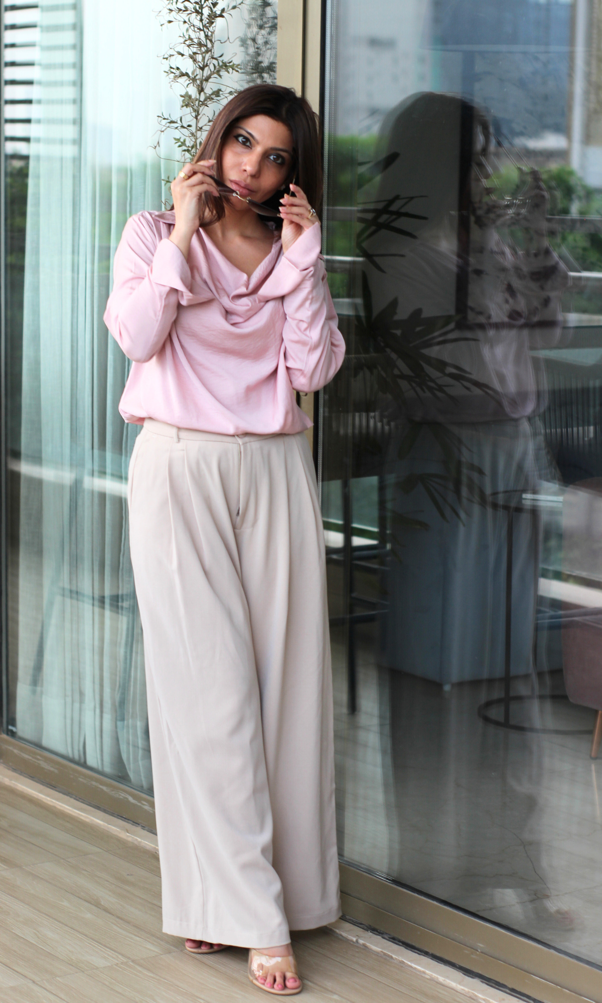 Rose Mist Collared Cowl Neck Top
