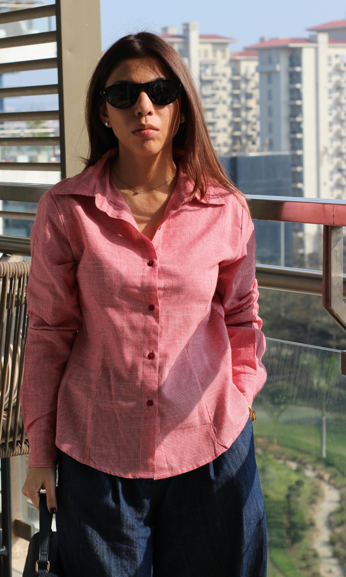 Coral Micro-Check Peplum Shirt