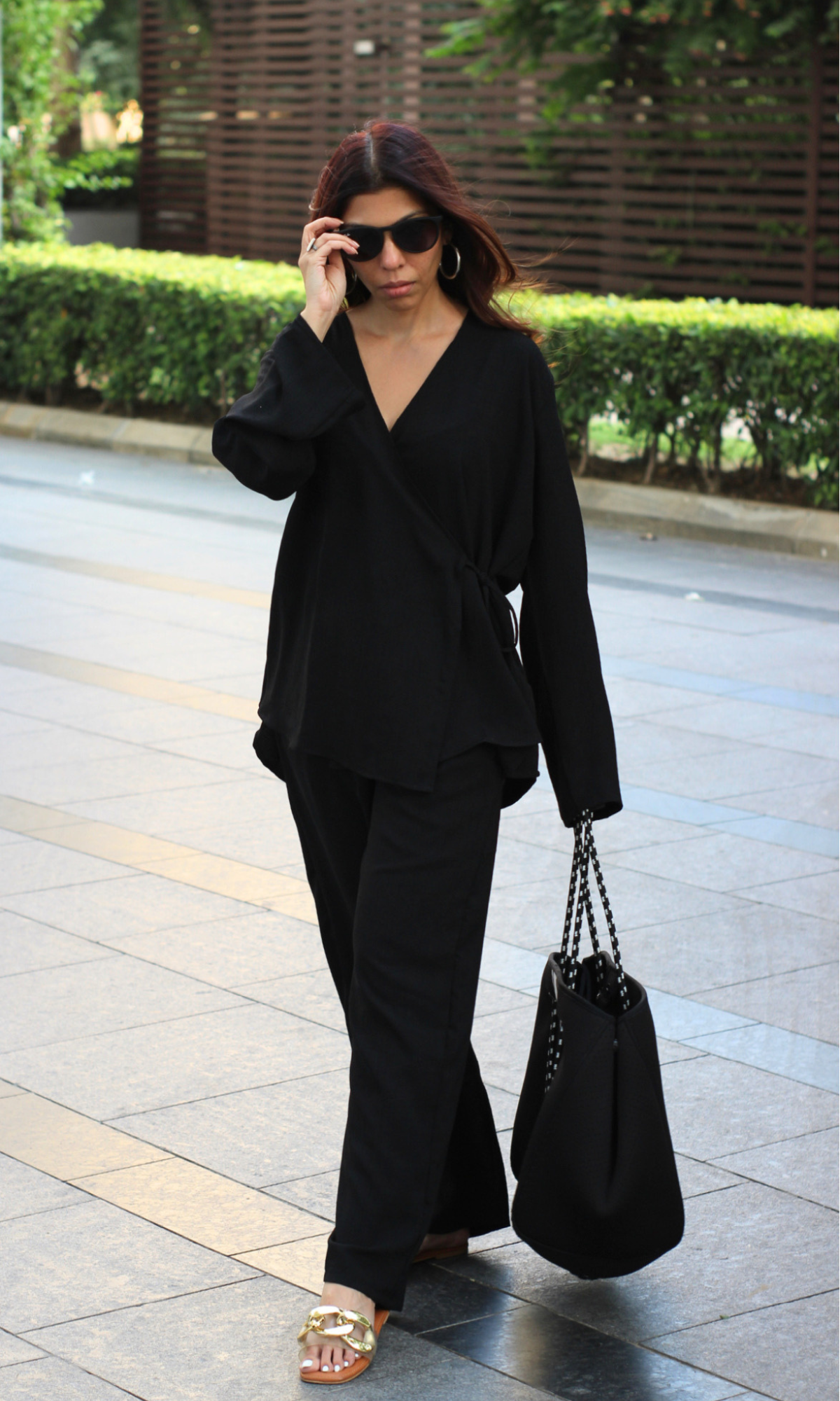 Black Textured Tie Detail Kimono Top with Pants Co-ord