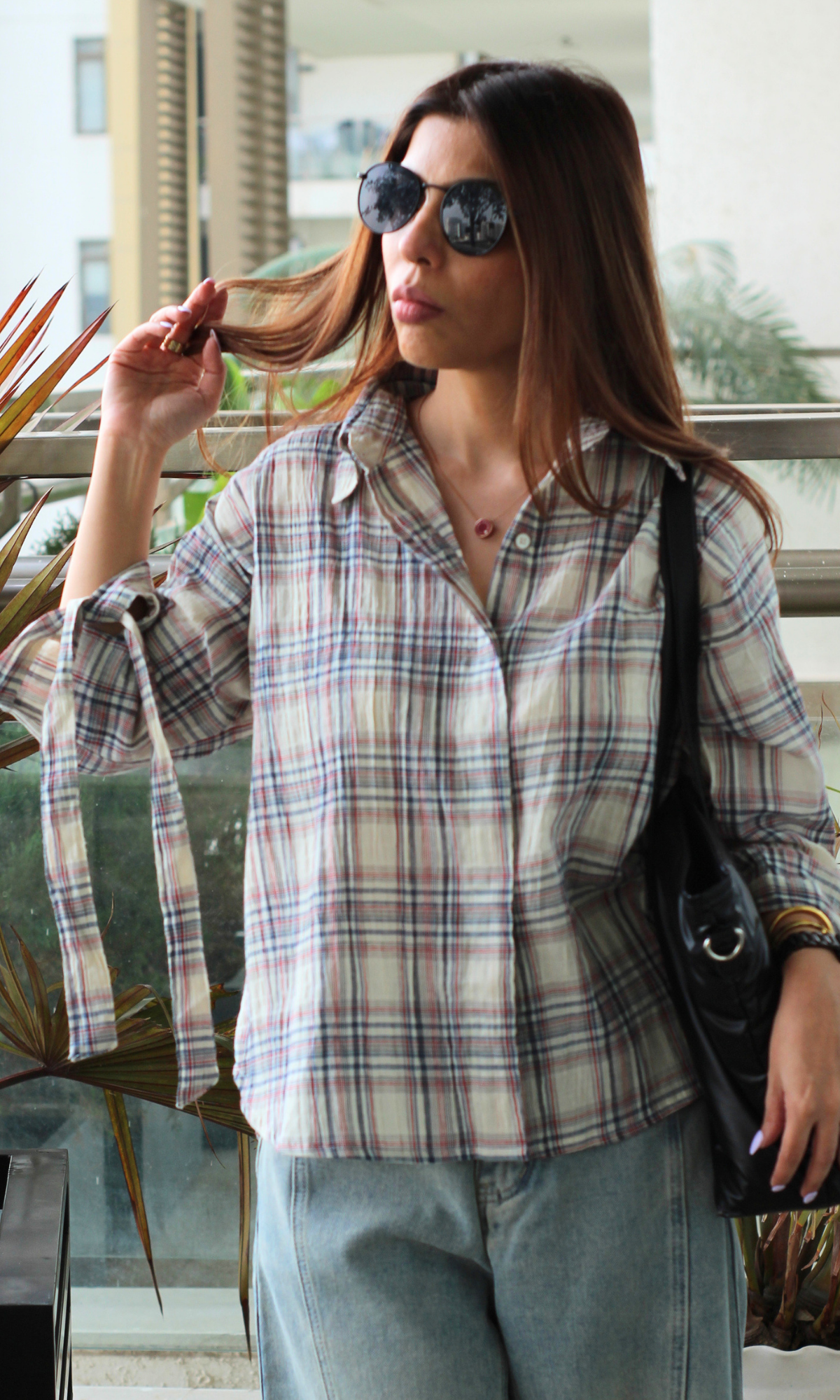 Bow Detail Soft Pink Checks Shirt