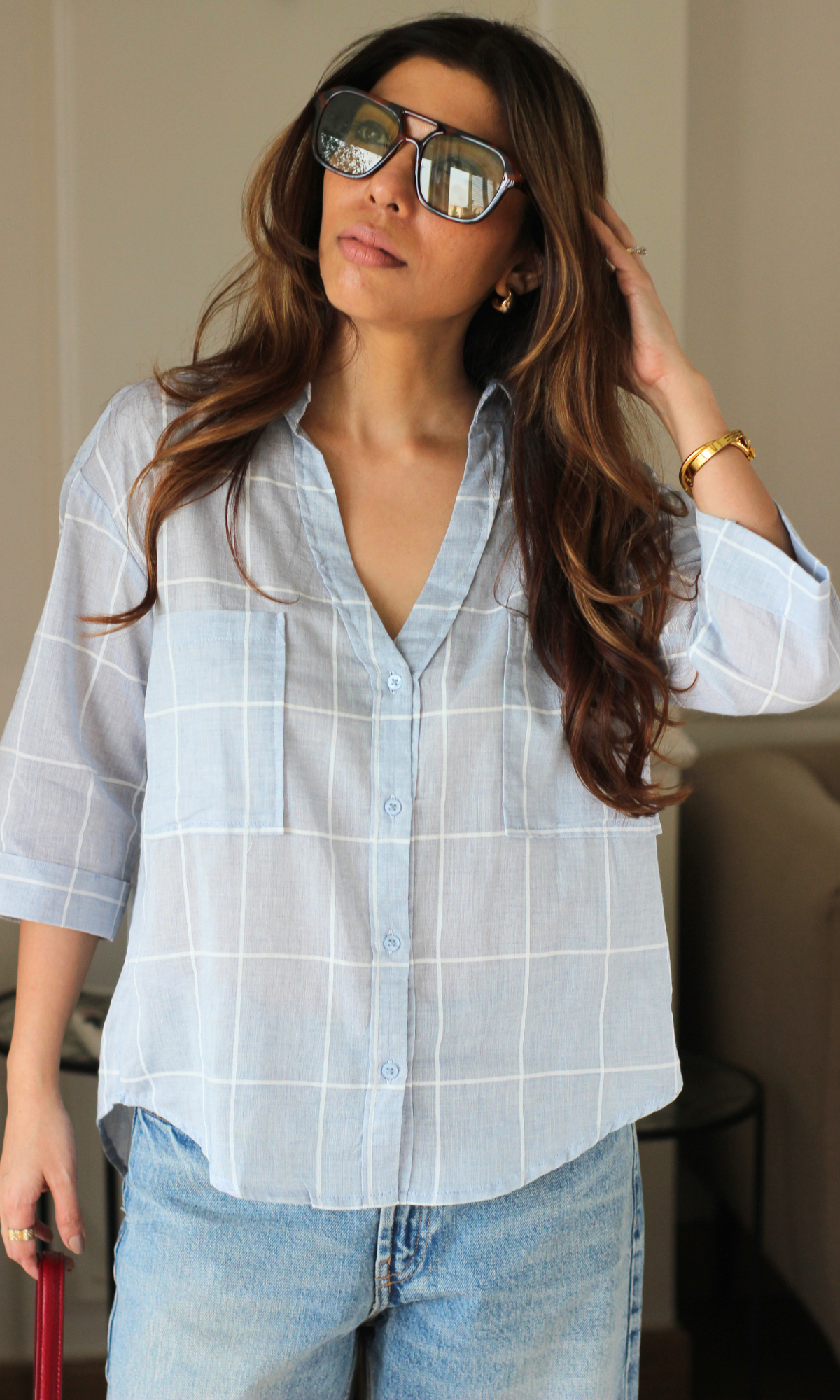 Grey Windowpane Loose Shirt