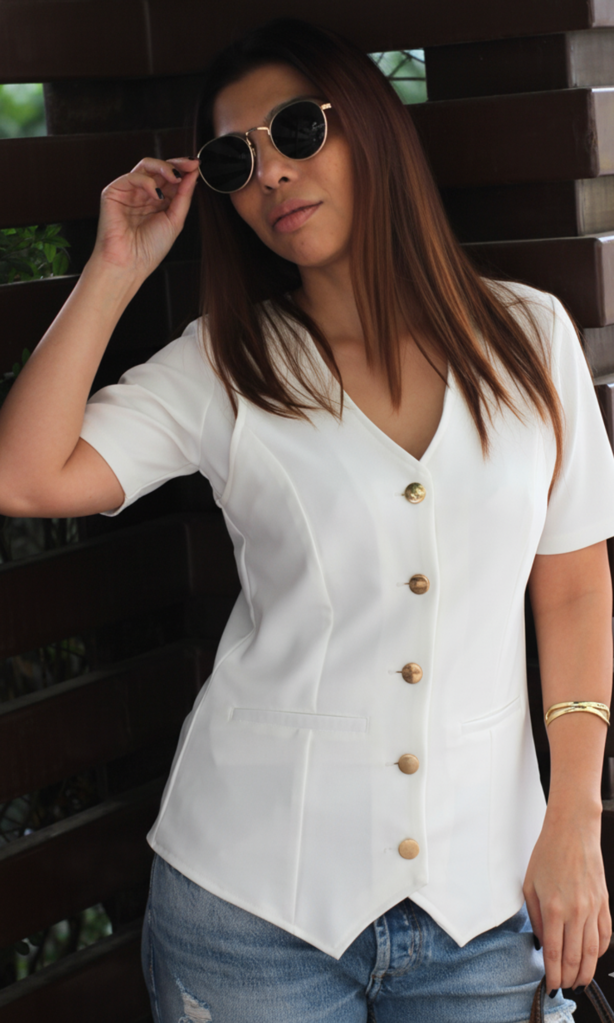 Ivory Sleeved Metallic Buttoned Waist Coat