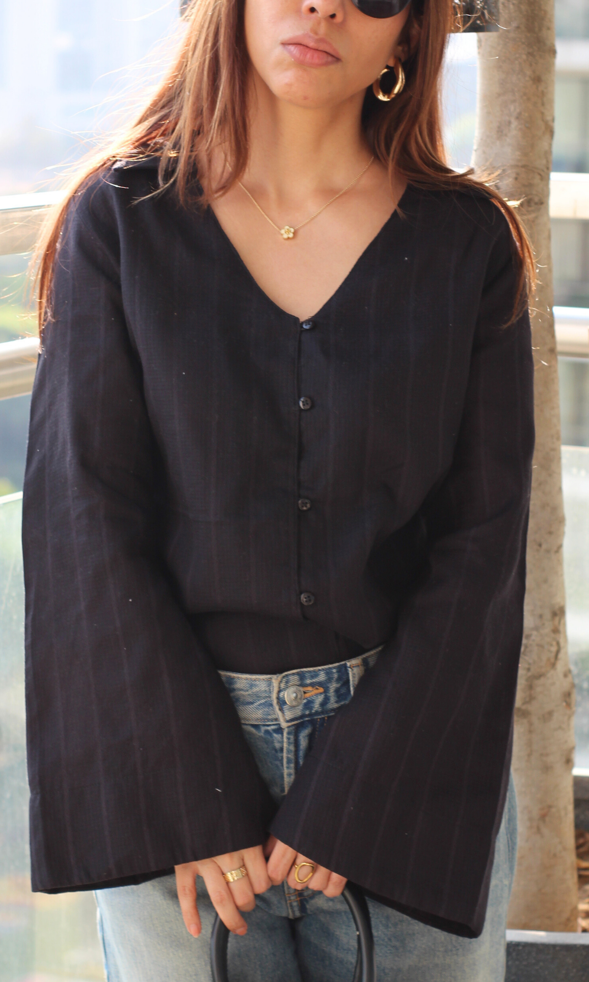 Black Textured Flared Sleeve Shirt