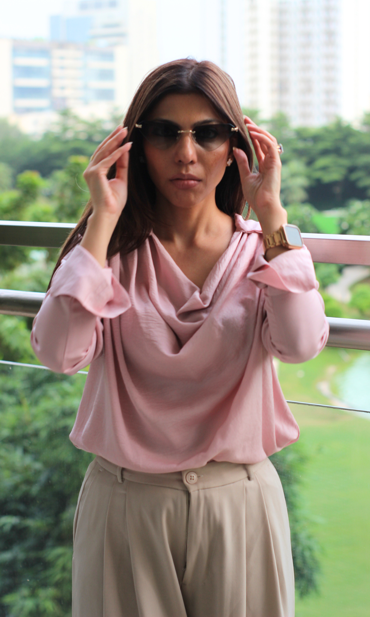 Rose Mist Collared Cowl Neck Top