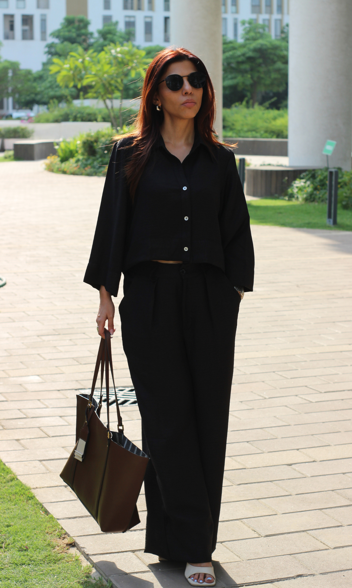 Shadow Black Cropped Shirt with Loose Pants Co-ord