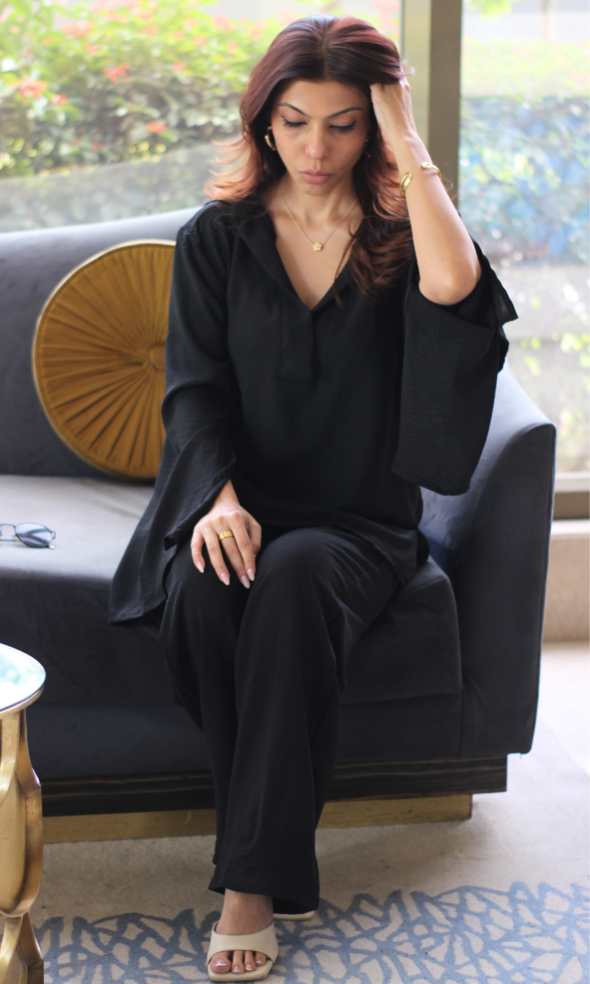 Black Slit Sleeves Top and Pants Co-ord