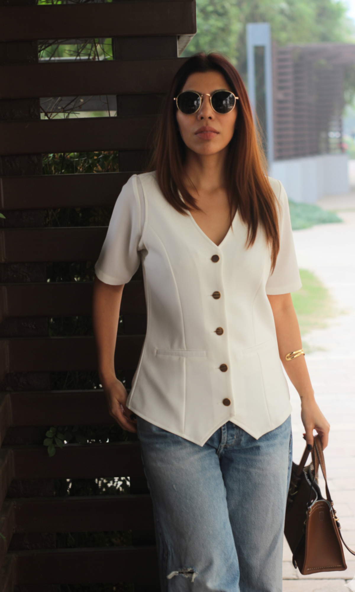Ivory Sleeved Metallic Buttoned Waist Coat
