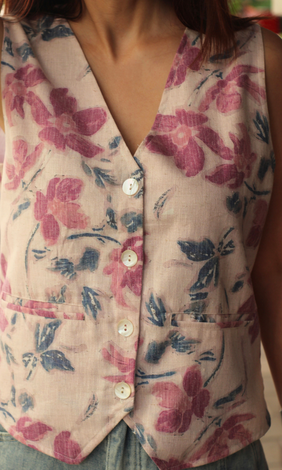 Pink Floral Print Waist Coat