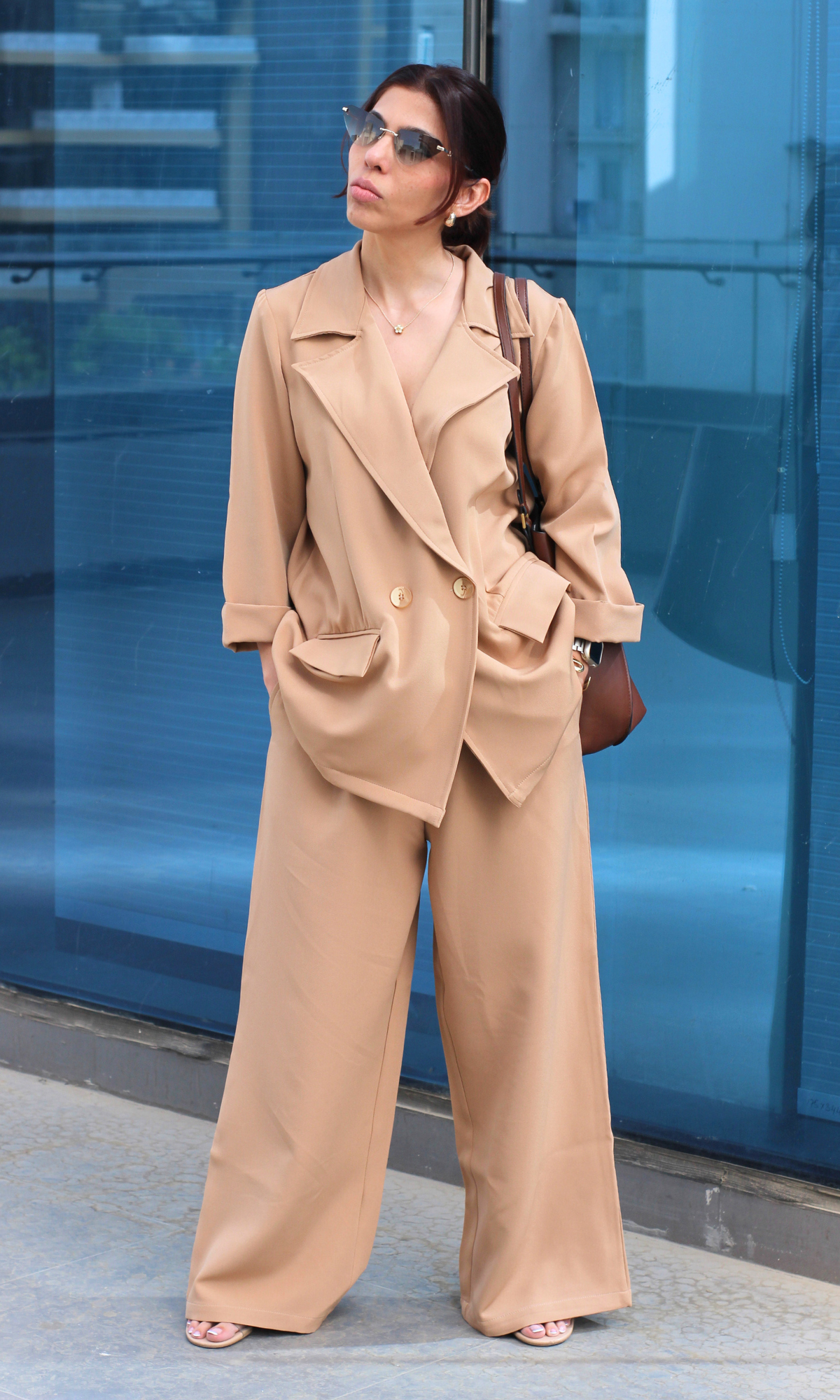 Camel Beige Solid Blazer with Straight Pants Co-ord